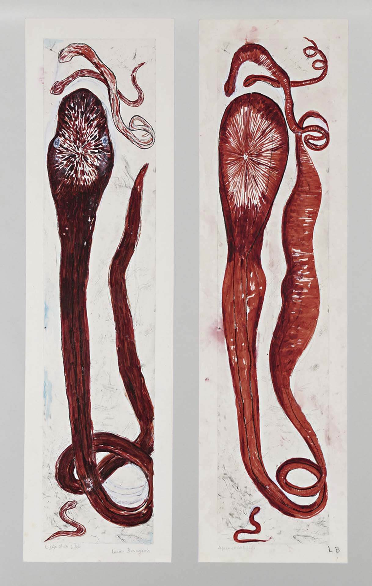 路易絲．布爾喬亞，《父親與三個兒子（Le père et les 3 fils）》蝕刻 墨水 水粉 鉛筆 紙上；雙聯畫 左幅：152.4×41.6 cm；右幅：152.1 ×41.9 cm，2007。（攝影／Timothy Doyon，©伊…