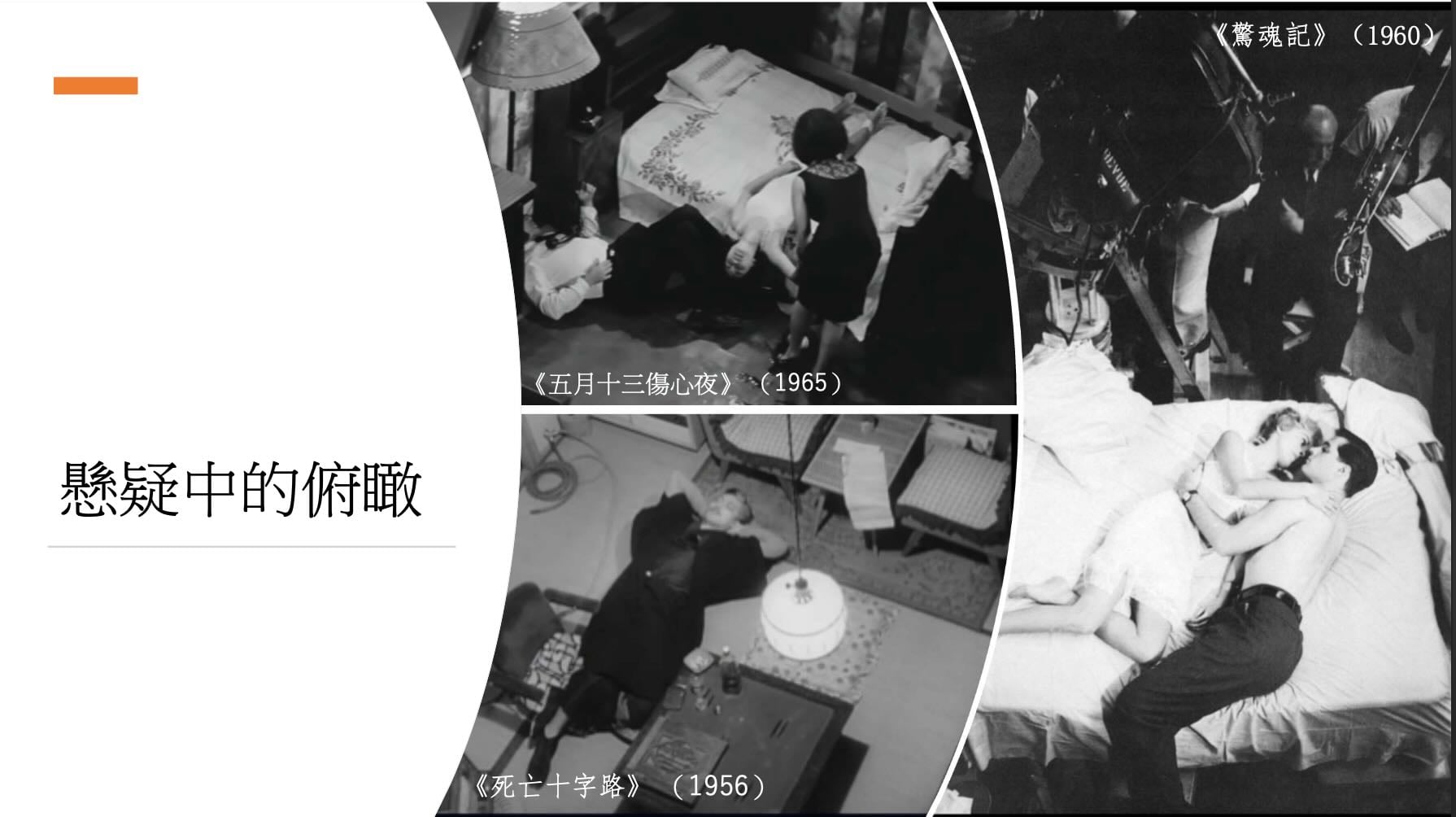 《六個嫌疑犯》隔著玻璃的人物攝影與《死亡十字路》的俯瞰視角,均可見希區考克《驚魂記》的影響——影像不僅讓觀眾抽離劇情、成為旁觀者,也營造出極具張力與不安感的視覺氛圍。(圖為國家影視聽中心提供)