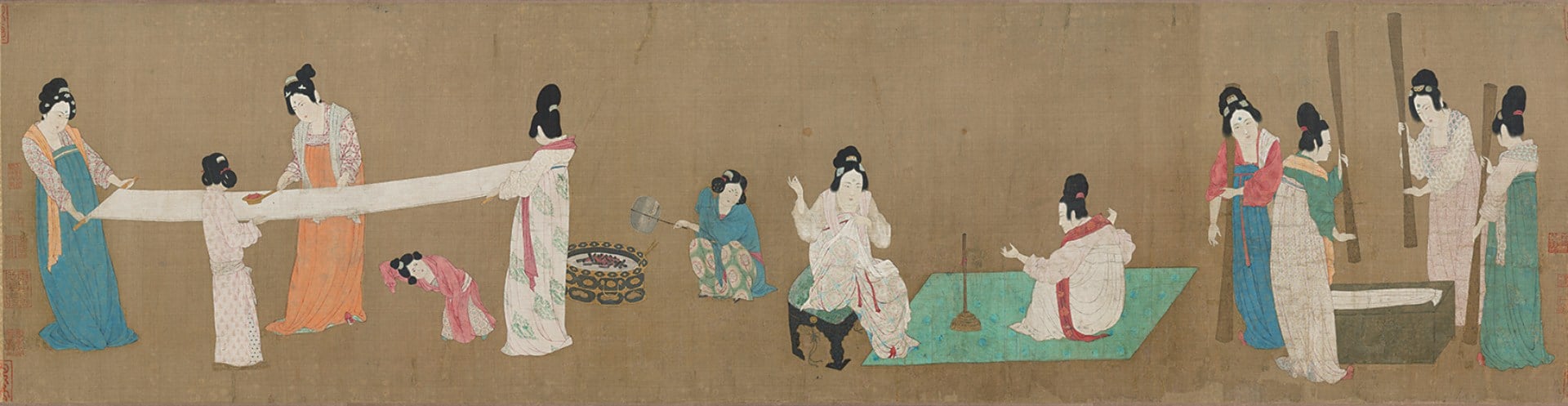 唐張萱〈搗練圖〉,絹本設色,美國波士頓美術館藏。