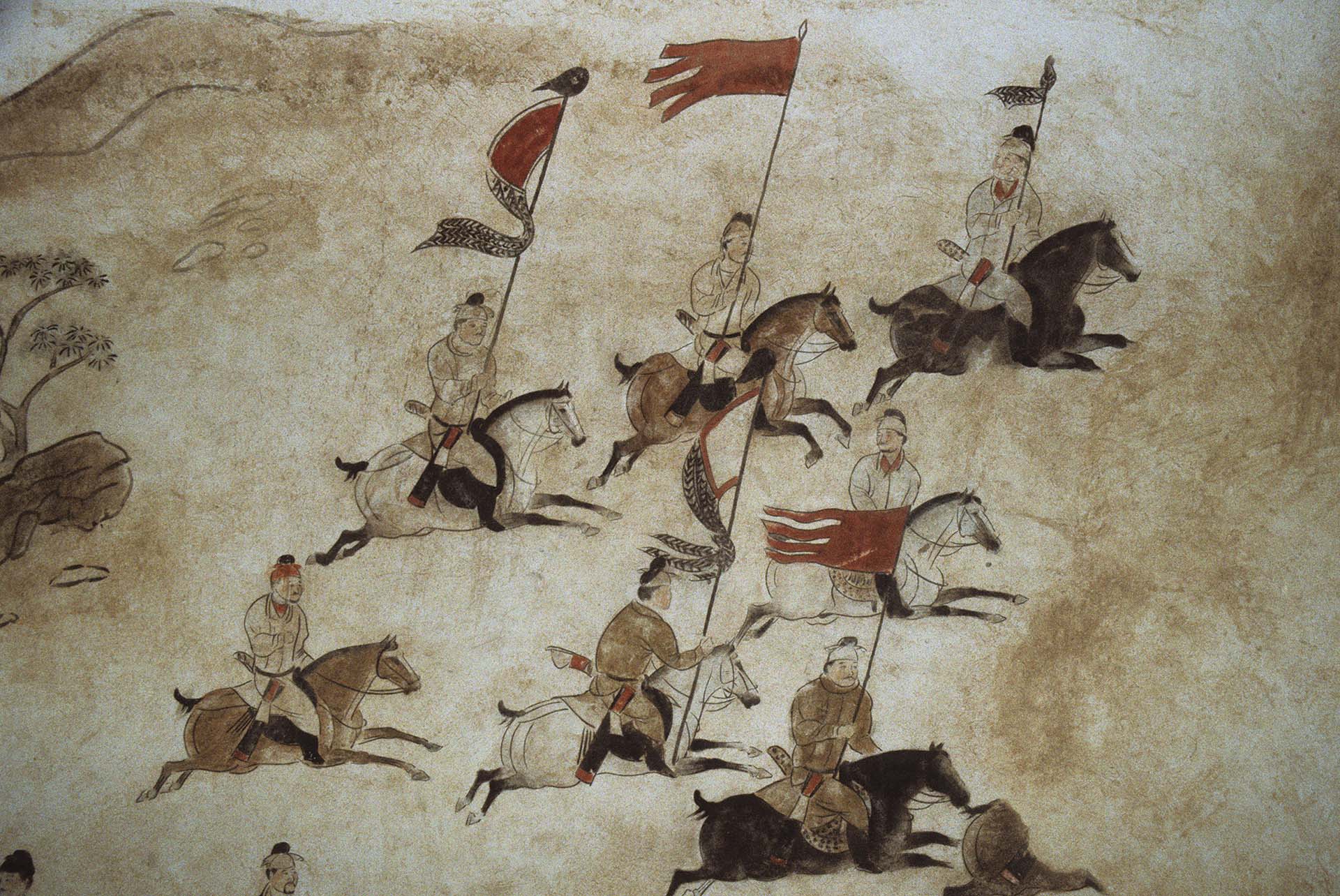 唐〈狩獵出巡圖〉局部,李賢(武則天之子)墓室壁畫,陝西乾陵博物館藏。攝影/Wolfgang Kaehler。
