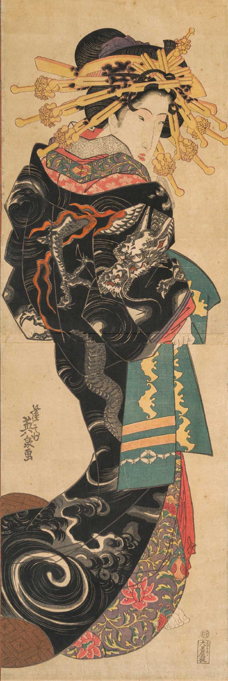 文政（1818－1830）後期至天保（1830－1844）前期 溪齋英泉〈著雲龍打掛的花魁〉，木版多色刷大判錦繪，74.1×24.9公分，東京富士美術館典藏。