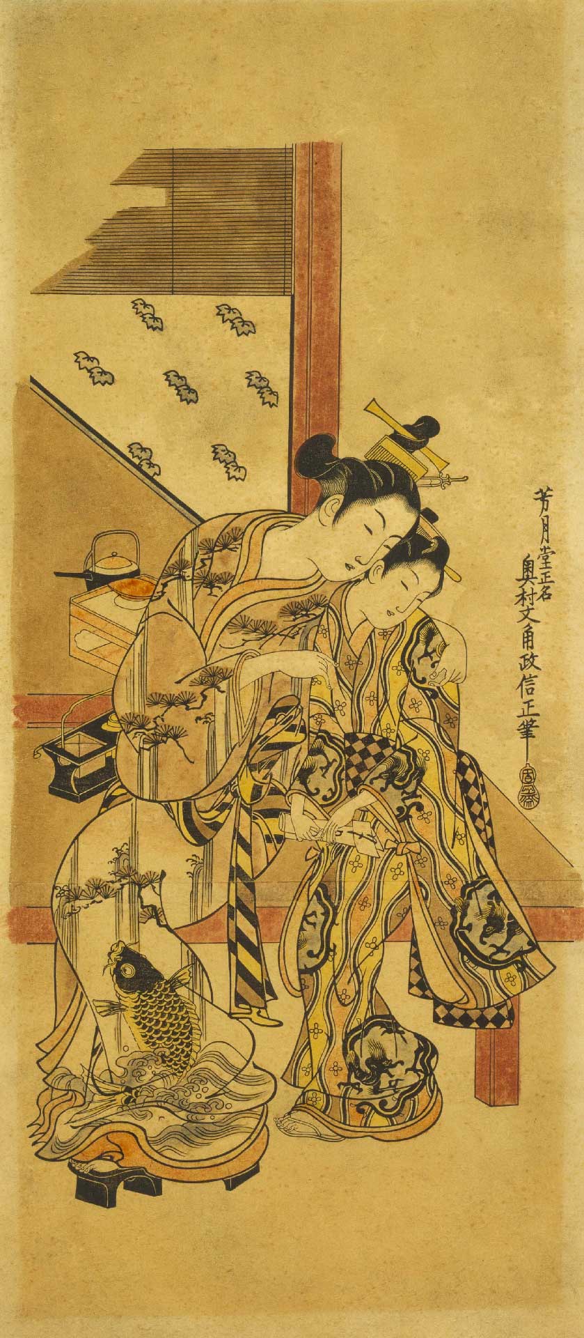 約寛保年間（1741－1744）奥村政信〈遊女與持信的侍女〉（遊女と文持つ禿），木版色刷幅廣柱繪判紅繪，66.1×25.8公分，東京富士美術館典藏。