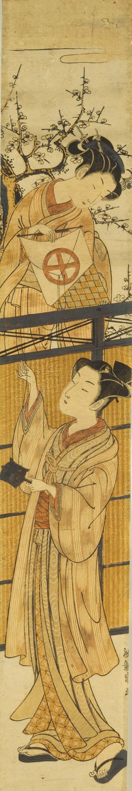 約明和年間（1764－1771）磯田湖龍齋〈持風箏的少女與少年〉（凧を持つ娘と若衆），木版多色刷柱繪判錦繪，73.4×11.9公分，東京富士美術館典藏。