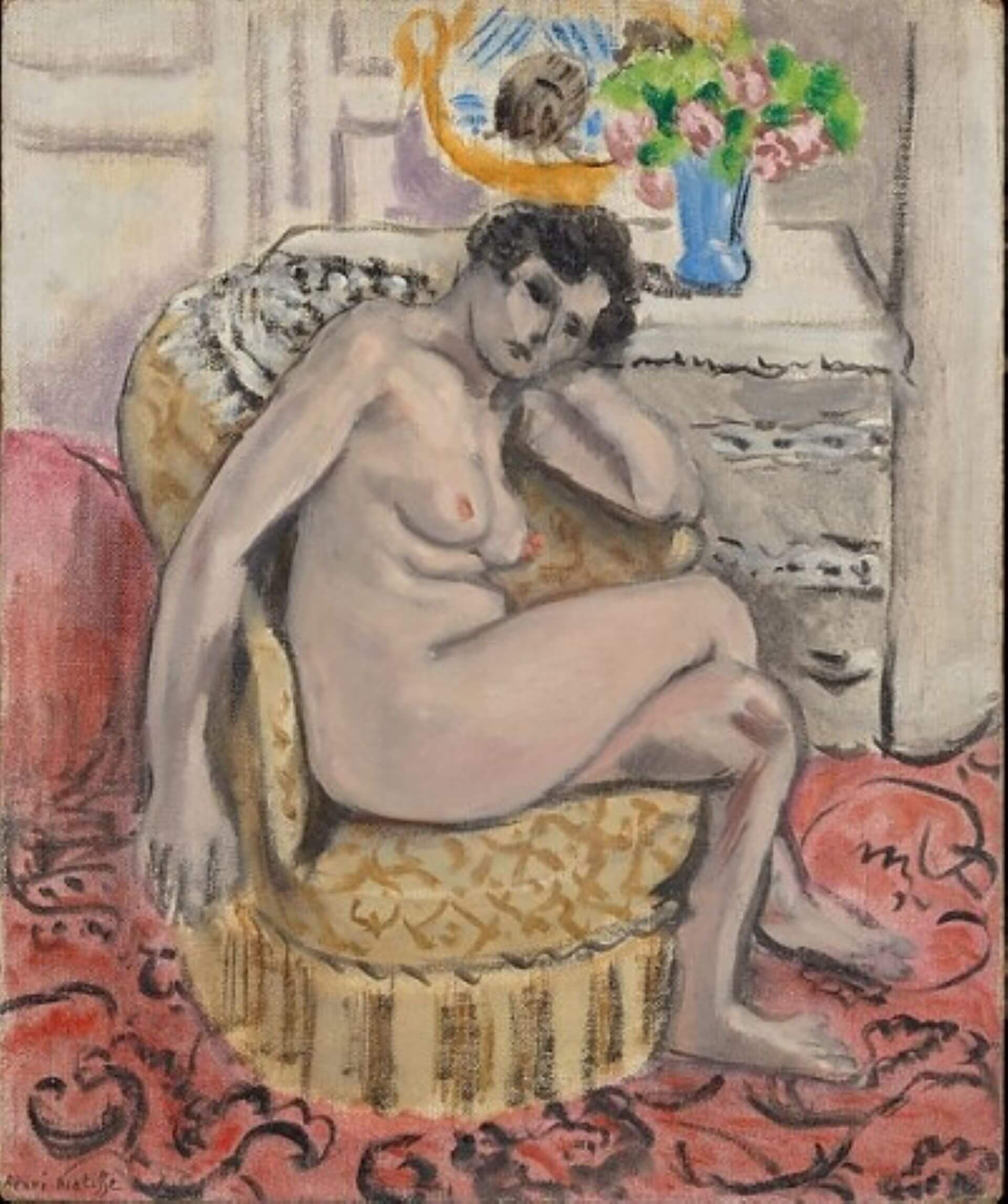 亨利・馬蒂斯《扶手椅中的裸女》（Nude in an Armchair），1920，油彩畫布板，45.7×38.1公分，羅伯特・雷曼捐贈，大都會藝術博物館藏。（© The Metropolitan Museum of Art，時藝多媒體提供…