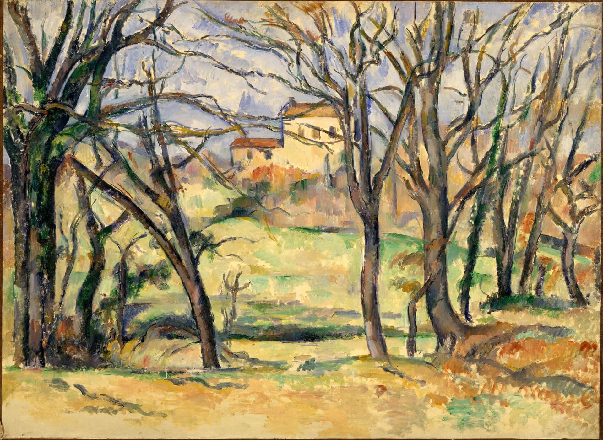 保羅・塞尚《布豐莊園附近的樹木與房舍》（Trees and Houses Near the Jas de Bouffan），1885–86，油彩畫布，67.9×92.1 公分，羅伯特・雷曼捐贈，大都會藝術博物館藏。（© The Metrop…