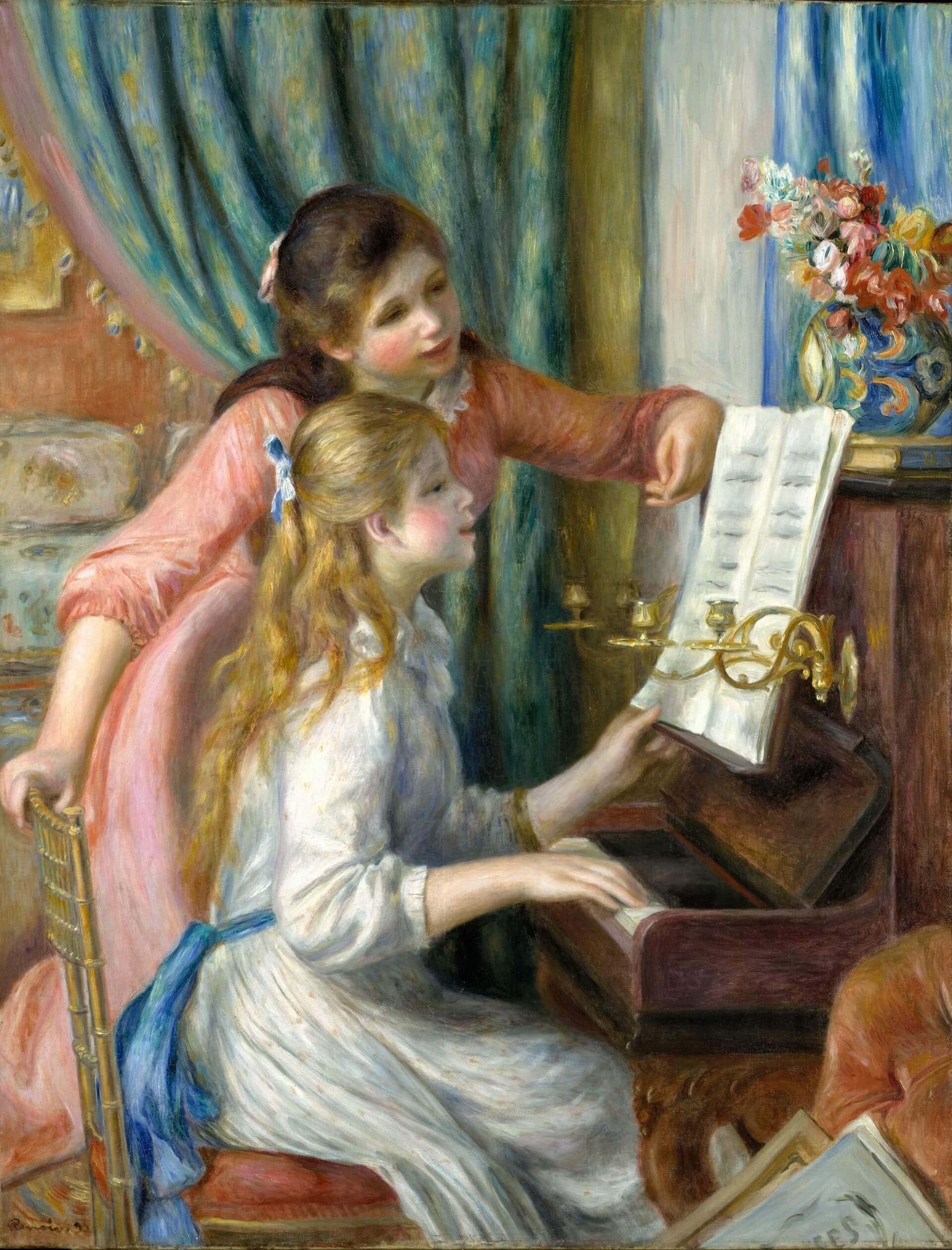 奧古斯特・雷諾瓦，《彈鋼琴的兩位少女》（Two Young Girls at the Piano），1892，油彩畫布，111.8×86.4公分，羅伯特・雷曼捐贈，大都會藝術博物館藏。（© The Metropolitan Museum o…