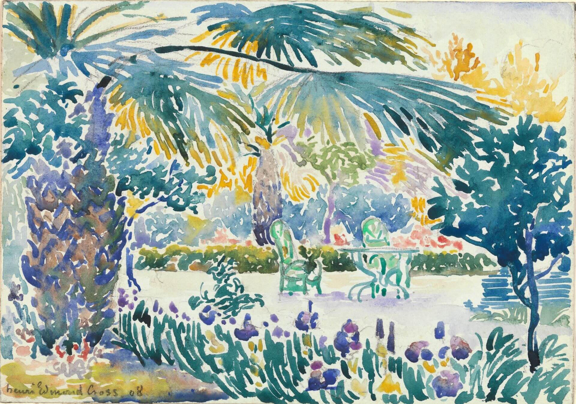 亨利－艾德蒙・克羅斯，《聖克萊爾的畫家花園》（Garden of the Painter at Saint-Clair），1908，水彩畫覆蓋鉛筆素描，17.1×24.1公分，羅伯特・雷曼捐贈，大都會藝術博物館藏。（© The Metrop…