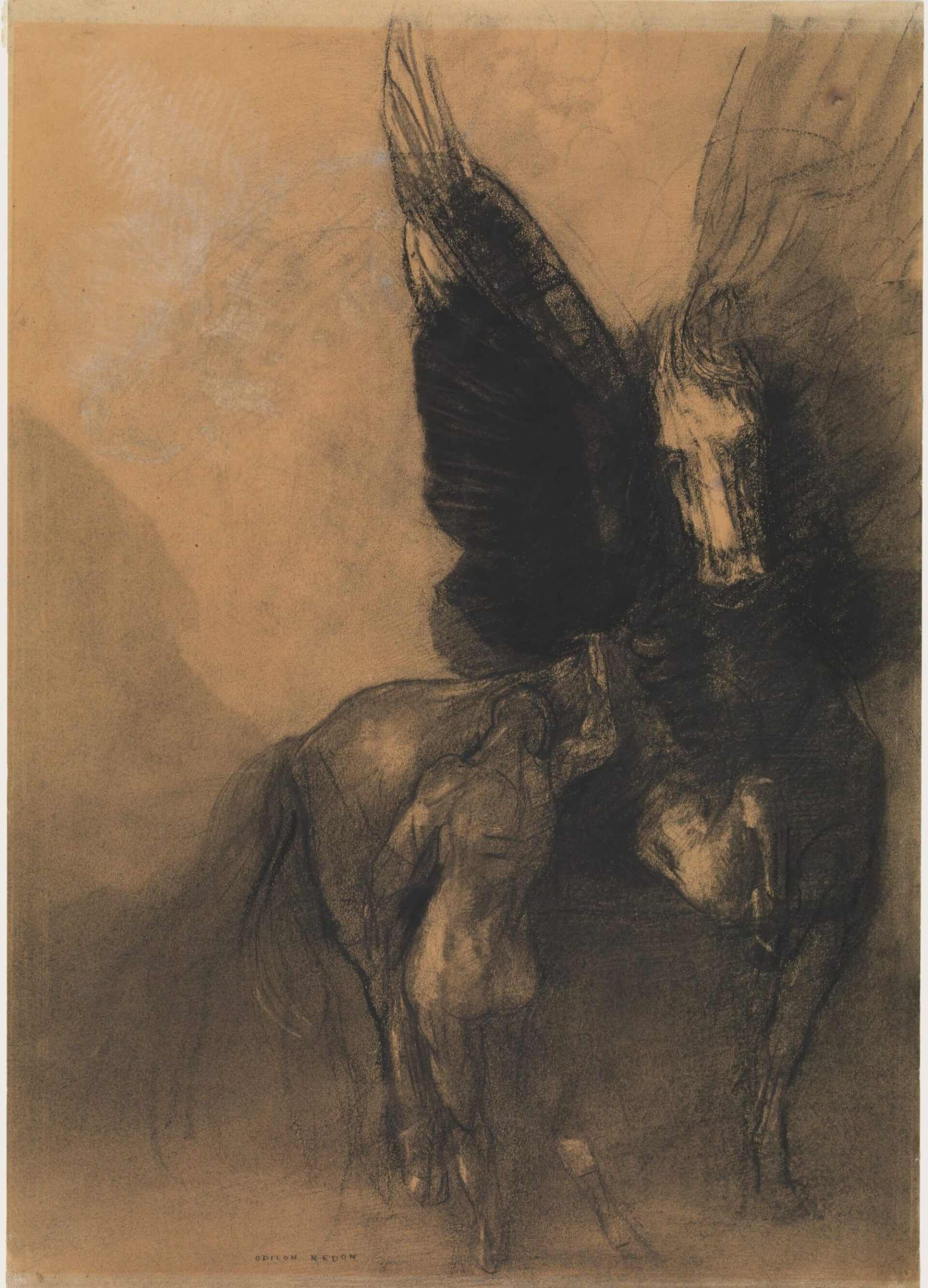 奧迪隆・雷東《珀伽索斯與柏勒洛豐》（Pegasus and Bellerophon），約1888，木炭、加水處理的木炭、白色粉筆、康緹鉛筆，以及以擦拭手法提亮，繪於深色變暗的淡褐色藍紙，53.7×36.1公分，羅伯特・雷曼捐贈，大都會藝術博…