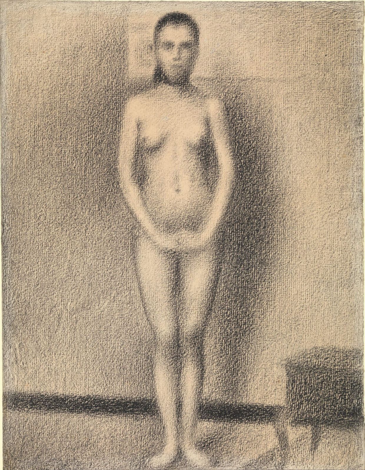 喬治・秀拉《〈模特兒〉習作》（Study for “Poseuses”），1886–87，康緹鉛筆，鋪棉紙，29.7×22.5公分，羅伯特・雷曼捐贈，大都會藝術博物館藏。（© The Metropolitan Museum of Art，P…