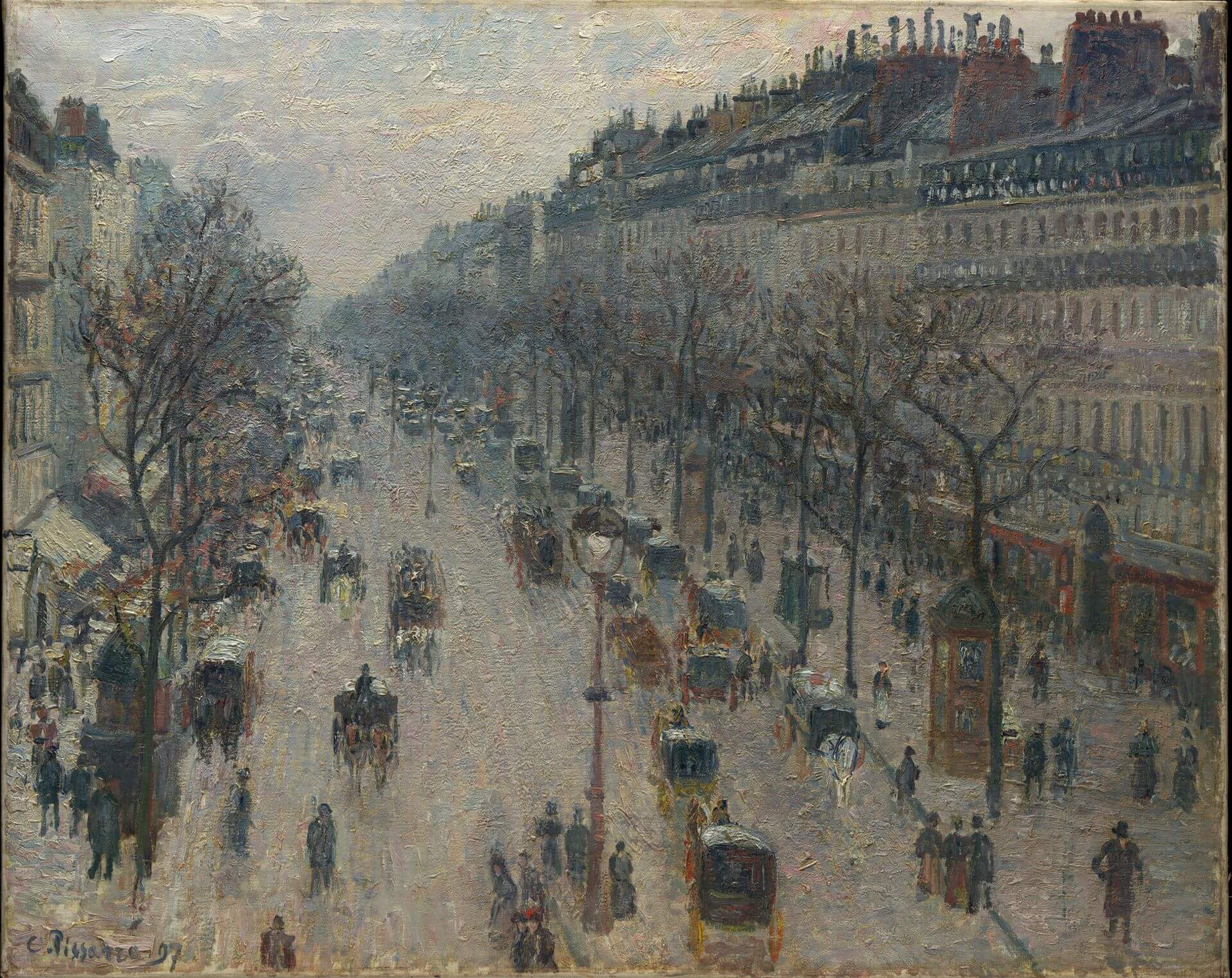 卡米耶．畢沙羅《冬日早晨的蒙馬特大道》（he Boulevard Montmartre on a Winter Morning），1897 年，油彩畫布，64.8 × 81.3 公分，Katrin S. Vietor捐贈，大都會藝術博物館藏…