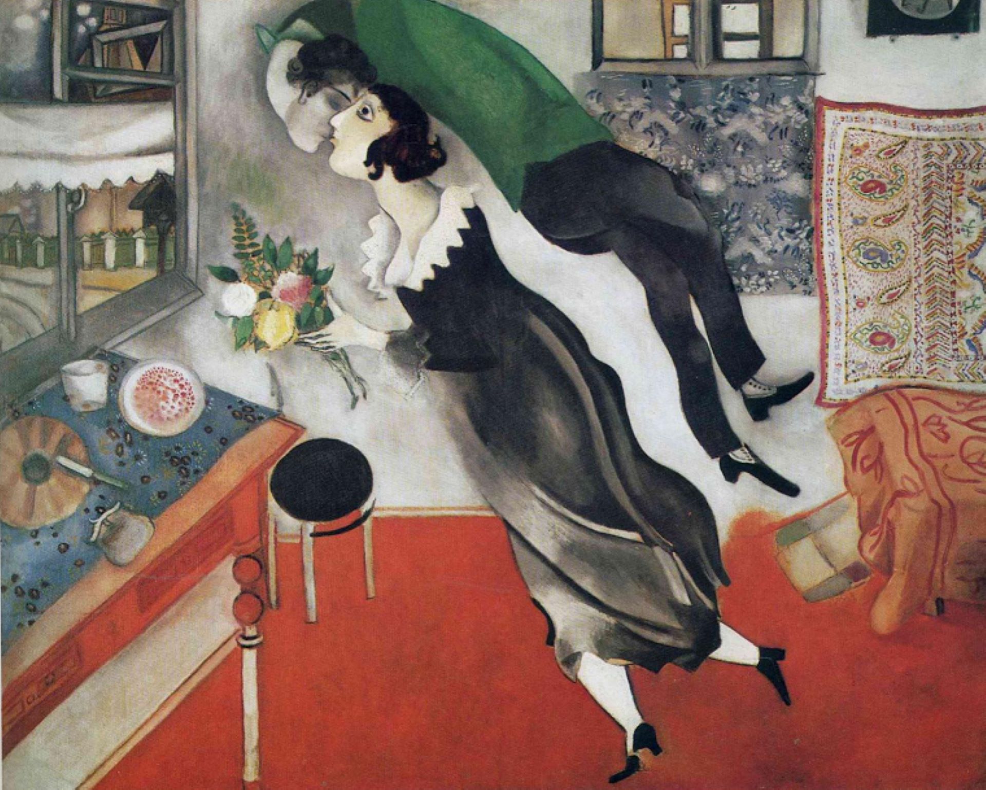 夏卡爾代表作之一《生日》（The Birthday），1915，油彩畫布，紐約現代美術館藏。（wikipedia）