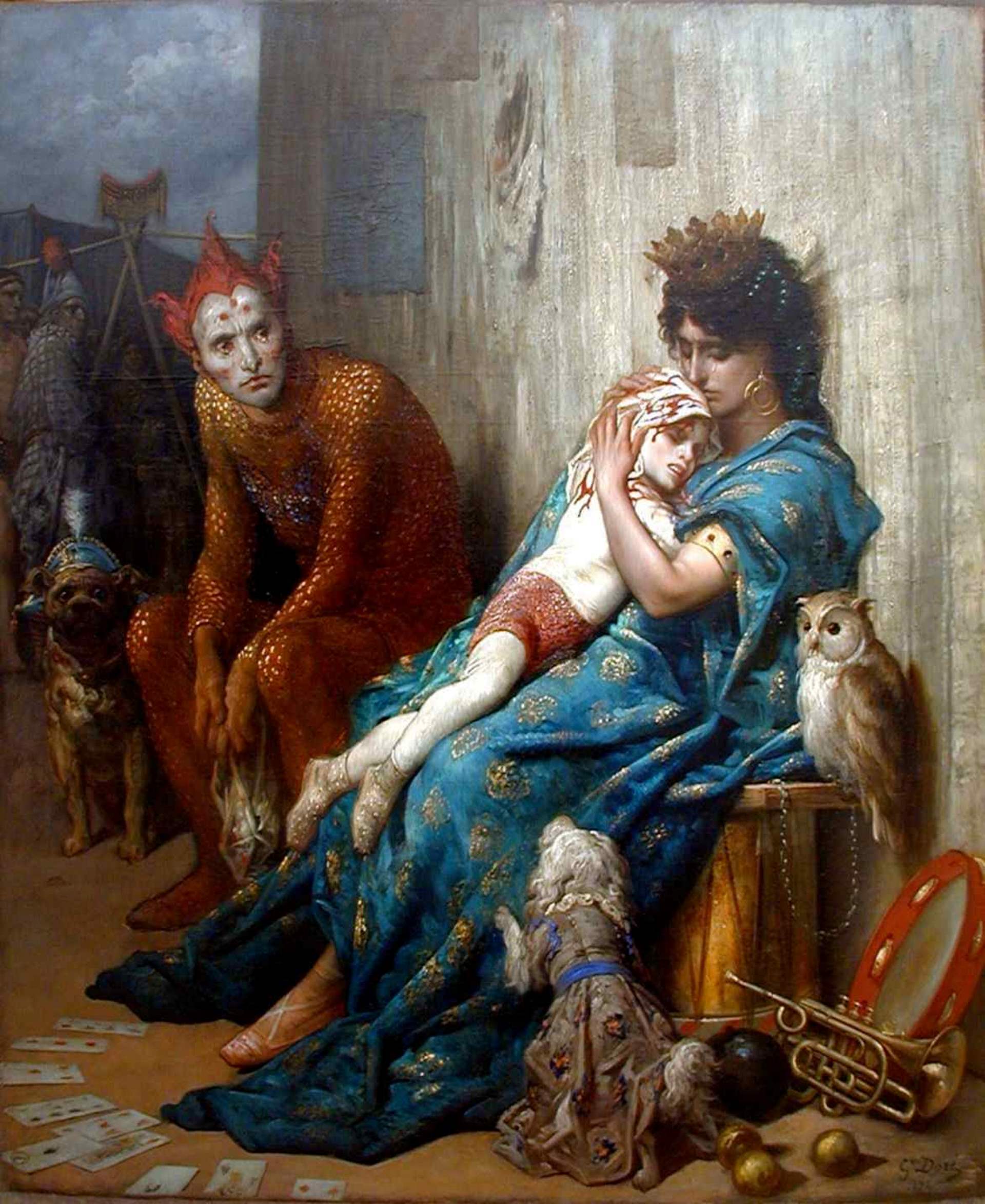 多雷在《雜技演員》（Les Saltimbanques）中加入對動物的刻畫，1874，油畫，羅歇·基約美術館藏。（wikipedia）