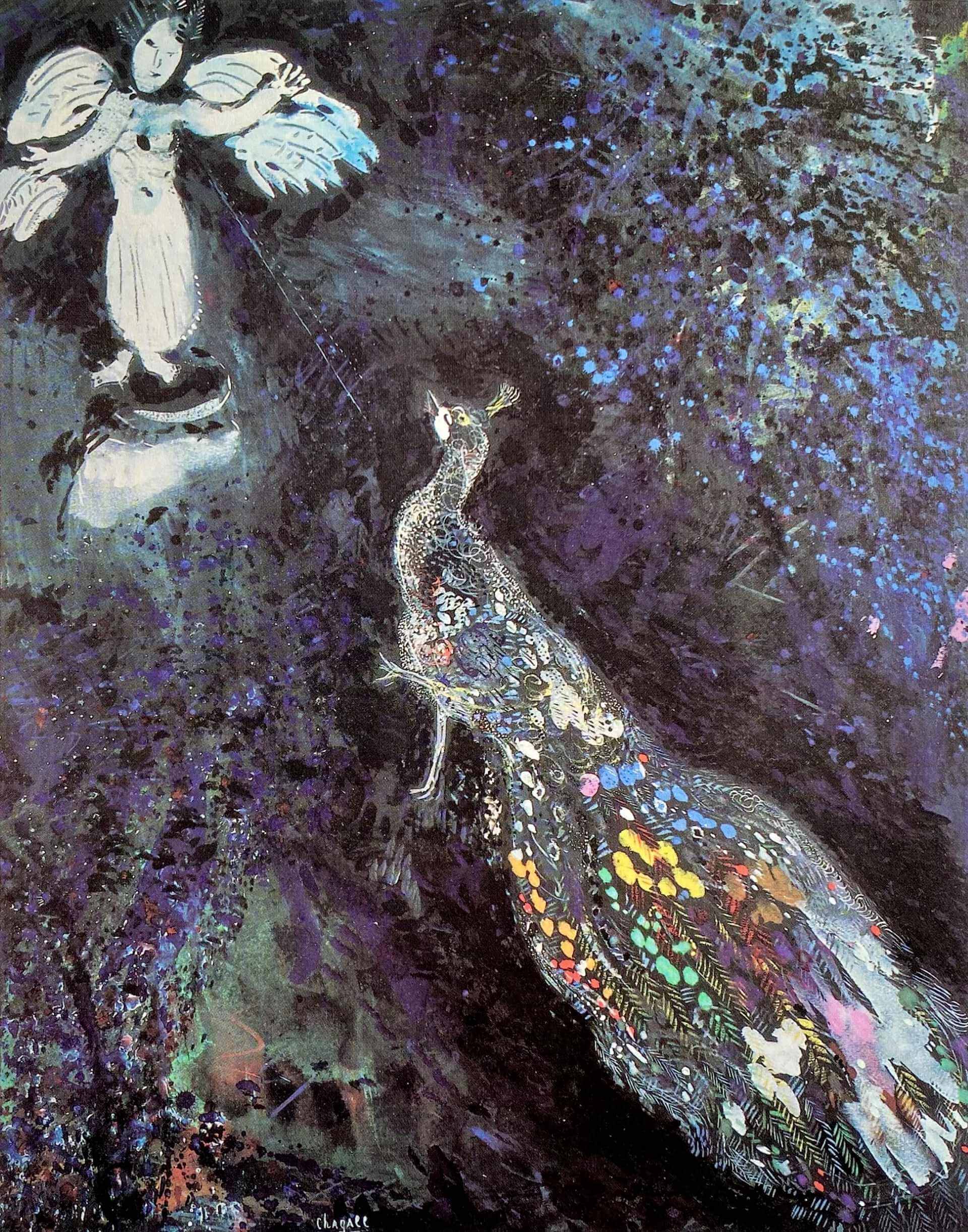 夏卡爾〈孔雀與天后〉，圖片出自：Marc Chagall: The Fables of LA Fontaine,&nbsp;The New Press, 1997。（郭書瑄提供）
