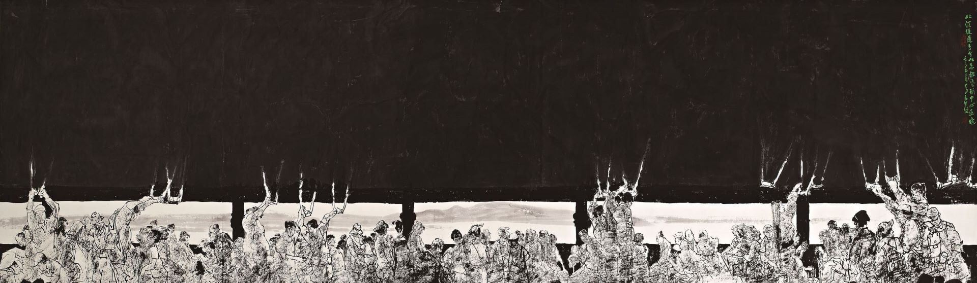 李奇茂《北淡捷運》，2012，水墨設色、紙本，136×450公分，雲台藝術研究中心藏。（國立歷史博物館提供）