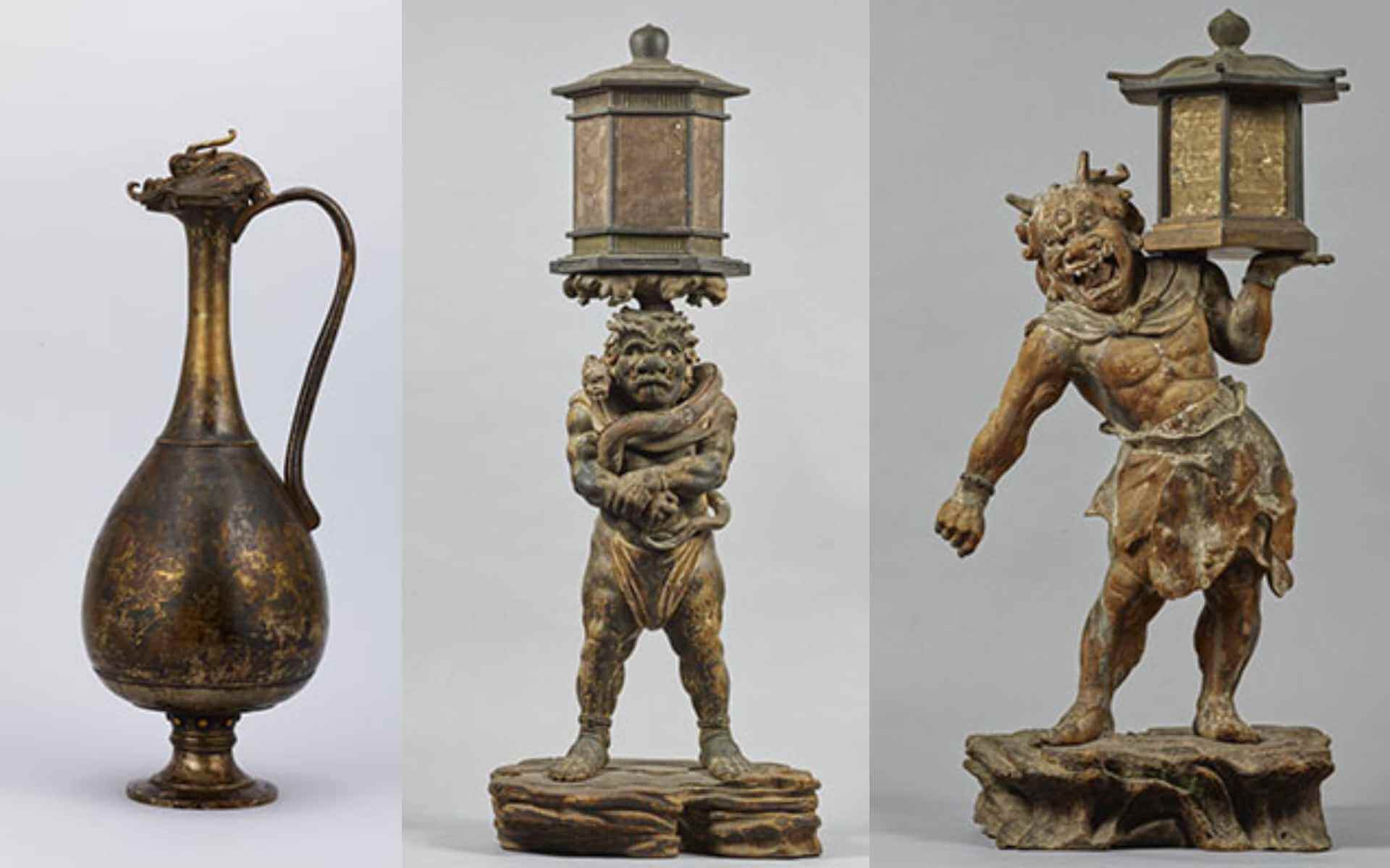 左：圖5&nbsp; 國寶 飛鳥時代7世紀〈龍首水瓶〉，法隆寺獻納寶物，東京國立博物館藏。中：圖6&nbsp; 國寶 鎌倉時代建保三年（1215）〈龍燈鬼立像〉，奈良興福寺藏。4月19日至5月18日展出。右：圖7&nbsp; 國寶 鎌倉時代…