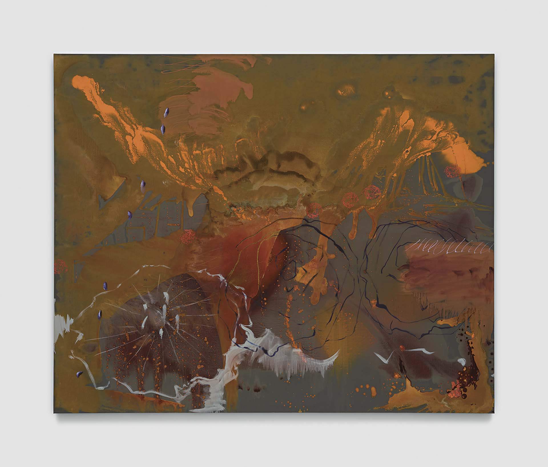 艾瑪．麥金泰爾，《小小焰火》，油彩、氧化鐵、亞麻布，203.2×249.6 cm，2024。（ © 艾瑪．麥金泰爾，圖片由藝術家、Château Shatto畫廊（洛杉磯）及卓納畫廊（紐約）提供）
