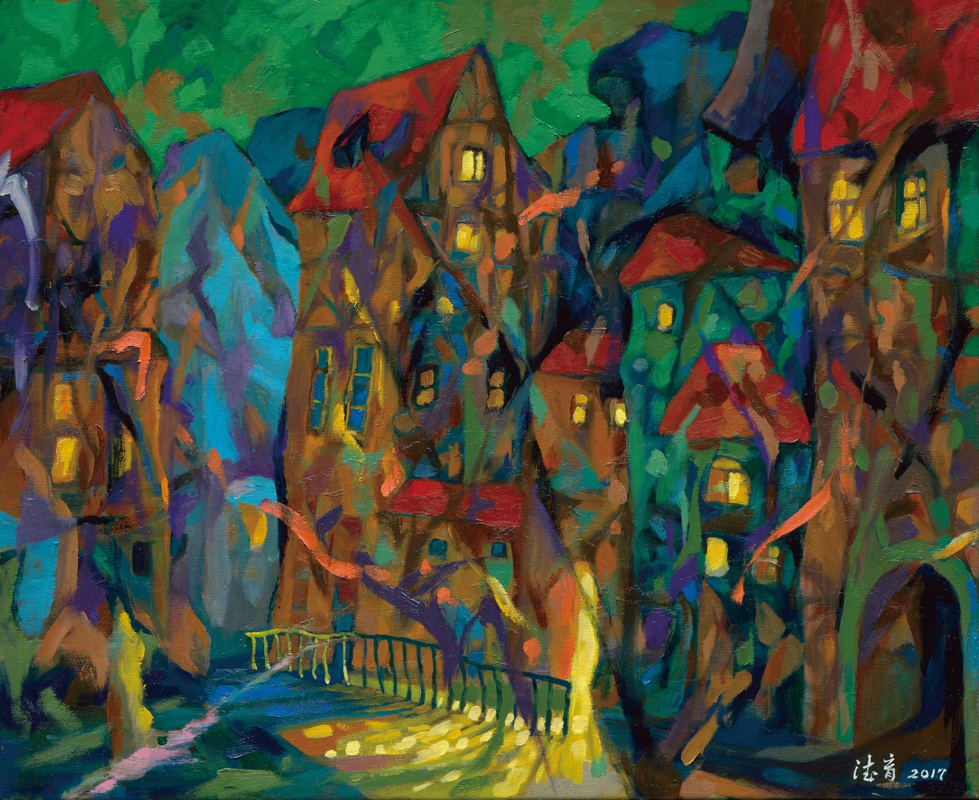 王德育，《德國羅騰堡之夜》，油彩畫布，53 × 65 cm，2017。（敦煌藝術中心提供）