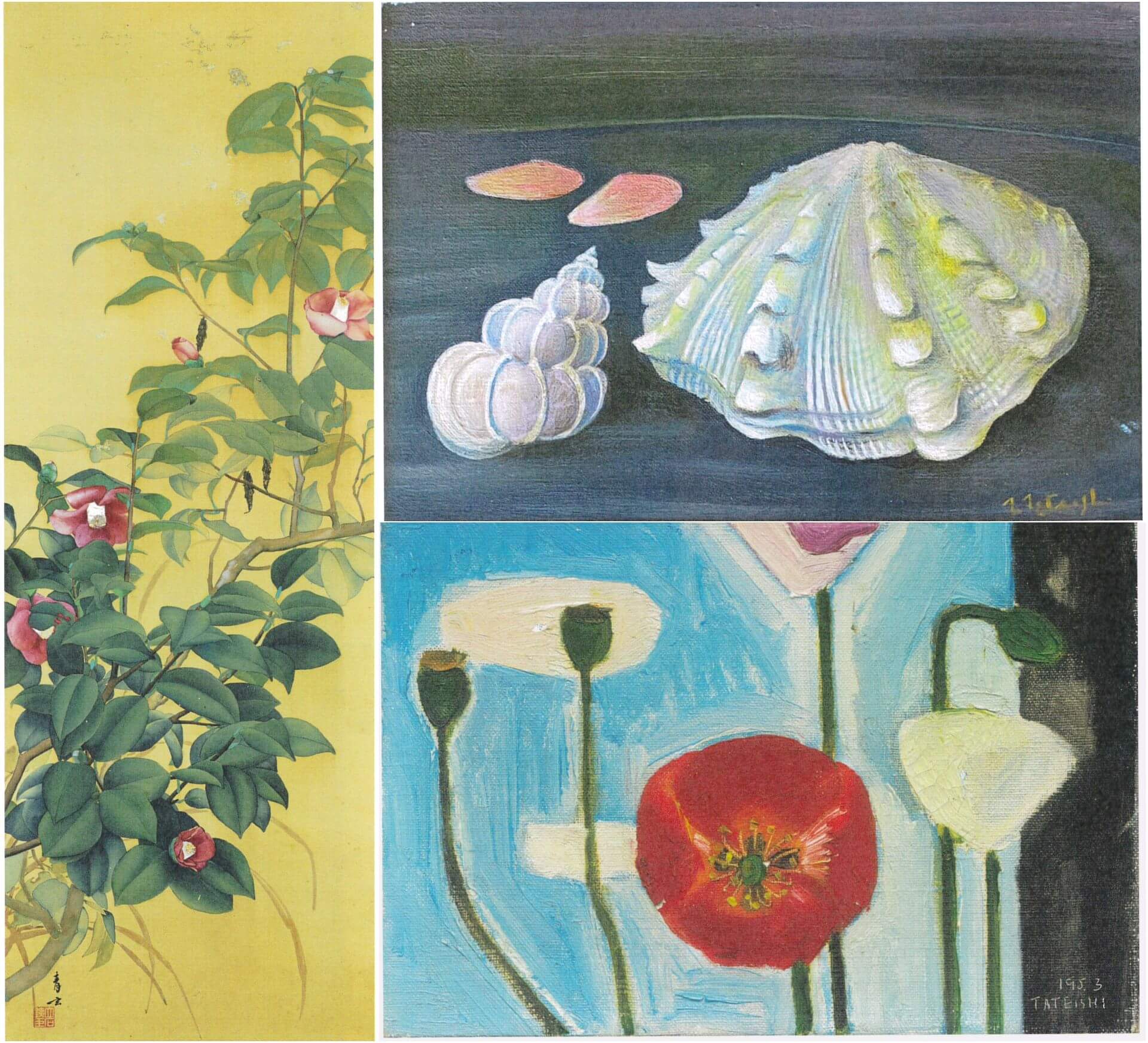 左圖：立石鐵臣《茶花》，1926，膠彩絹本，112.5×40公分，臺北市立美術館藏。（圖版出自：邱函妮《灣生．風土．立石鐵臣》，2004）右上：《貝殼》細密畫，是《雄獅美術》雜誌創辦人李賢文，於1979年赴日訪問立石鐵臣時，獲畫家贈送的紀念…