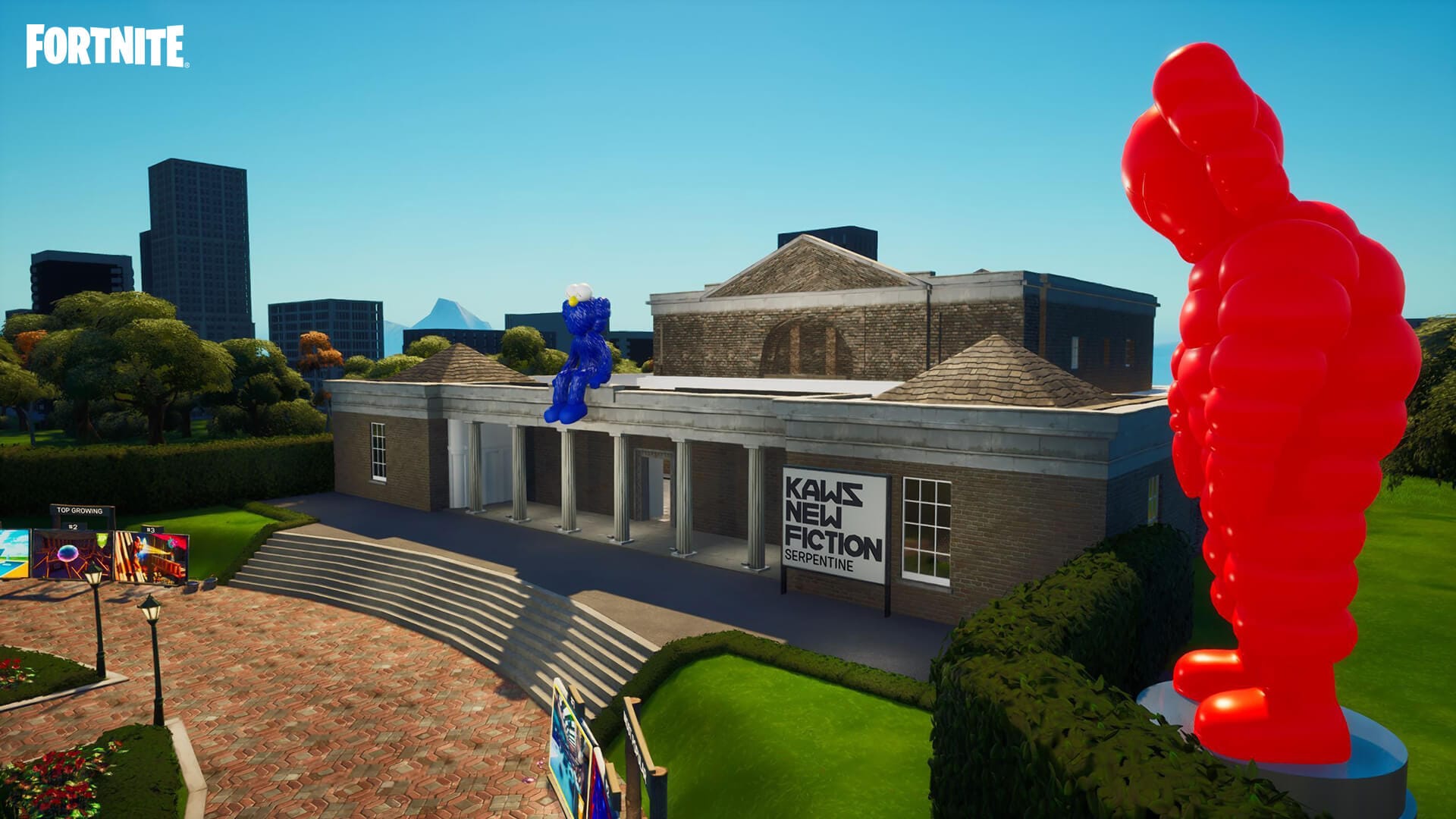 虛擬KAWS作品與蛇形畫廊空間於遊戲「英雄要塞」中展出。©EpicGame