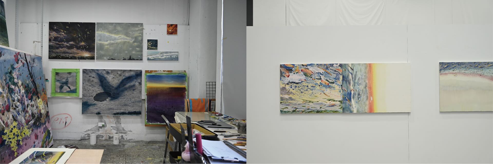 黃宇瑍的座位（左圖），以及黃宇瑍《解構碎花雲》於地下美術館中展出（右圖）。
