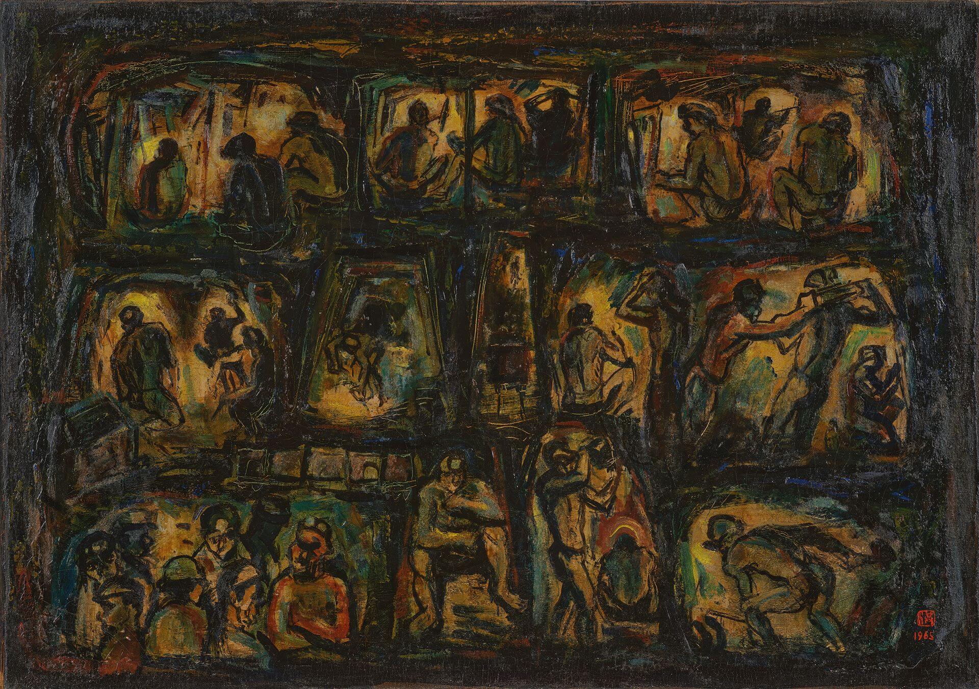 洪瑞麟《礦工頌（坑內坑外）》，1965，油彩畫布，63×86公分，臺北市立美術館藏。（李梅樹紀念館提供）
