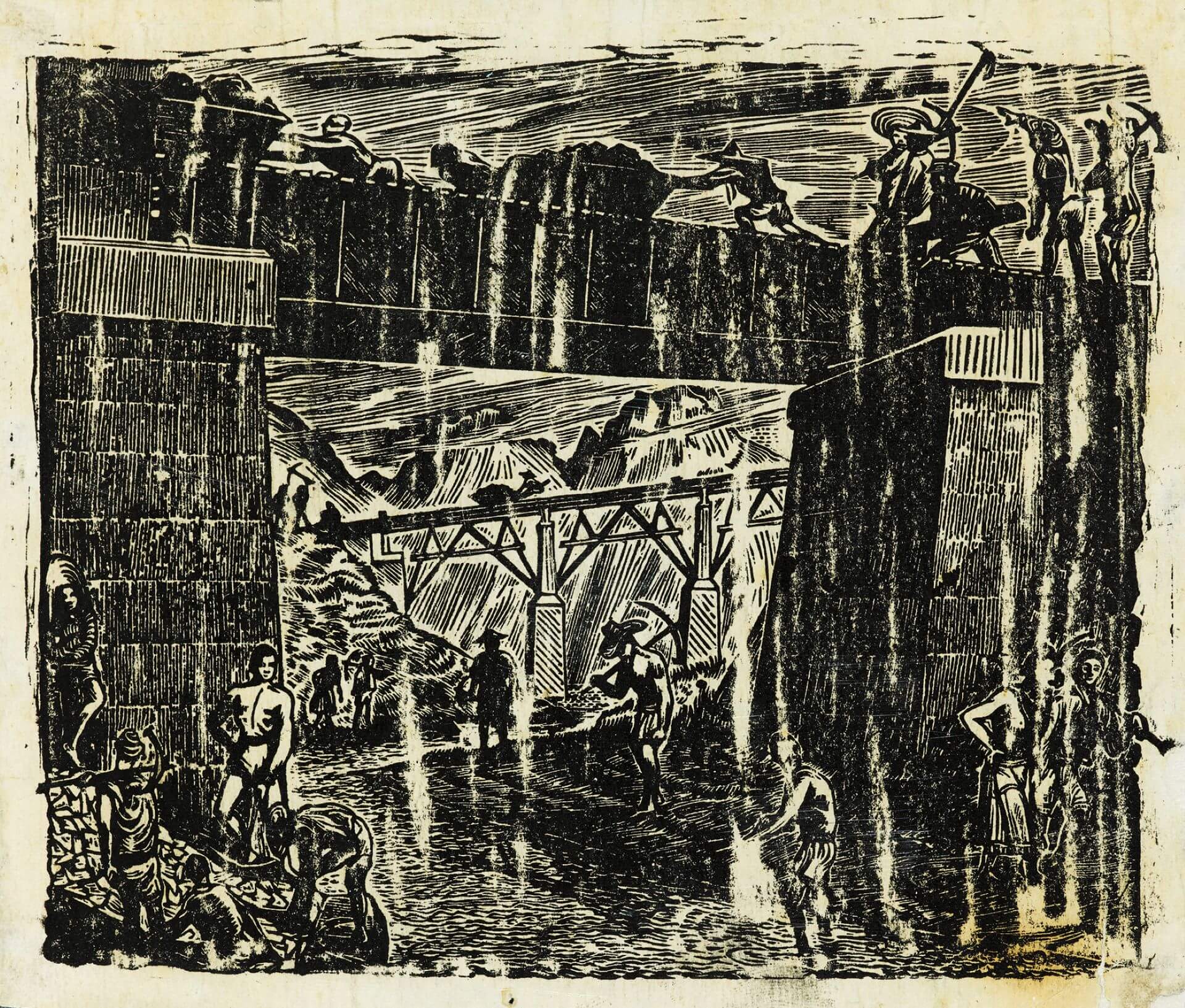 黃榮燦《修鐵路》，1951，木刻版，17×21公分，國立臺灣美術館藏。（李梅樹紀念館提供）