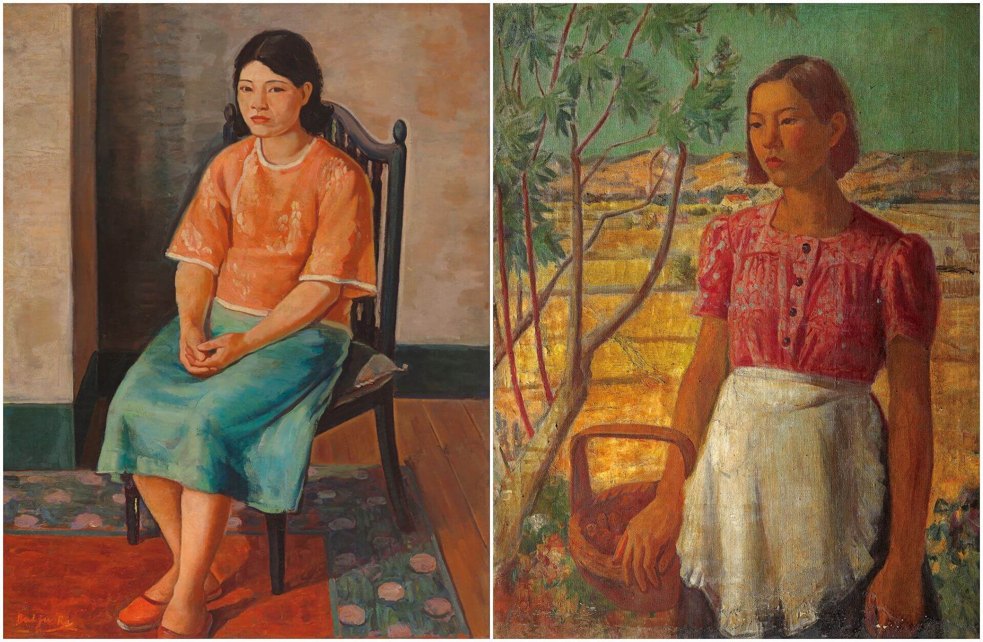 左圖：李梅樹《端坐》，約1930-40，油彩畫布，145.5×112公分，李梅樹紀念館藏。（李梅樹紀念館提供）右圖：李梅樹《秋實》，1941，油彩畫布，91×116.5公分，李梅樹紀念館藏。（李梅樹紀念館提供）