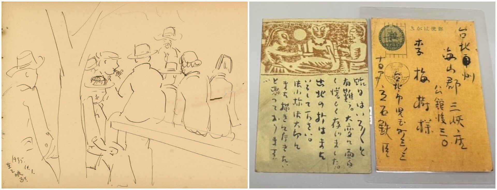 左圖：陳澄波《人物速寫》，1935，紙本鋼筆，13.5×18.2公分，私人收藏。（李梅樹紀念館提供）右圖：1935年2月16日，立石鐵臣寄給李梅樹的明信片。（攝影／朱佑霖）