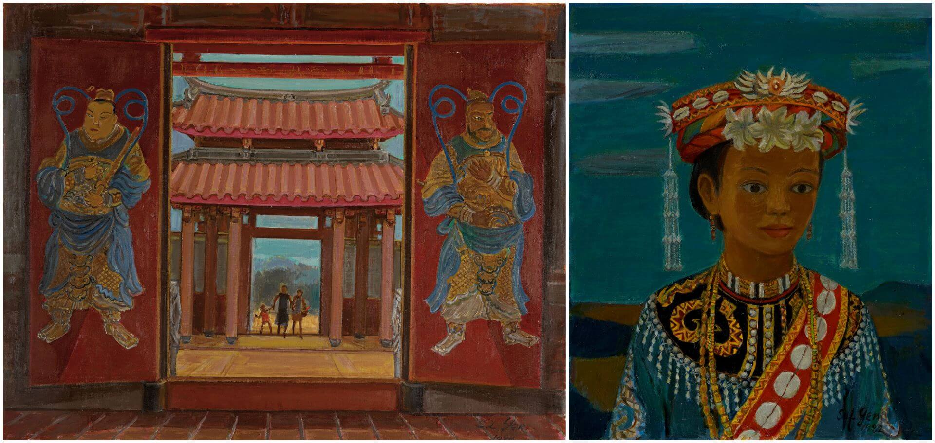 左圖：顏水龍《鹿港龍山寺》，1989，油彩畫布，91×116.5公分，私人收藏。（李梅樹紀念館提供）右圖：顏水龍《盼》，1982，油彩畫布，72.4×60.6公分，私人收藏。（李梅樹紀念館提供）