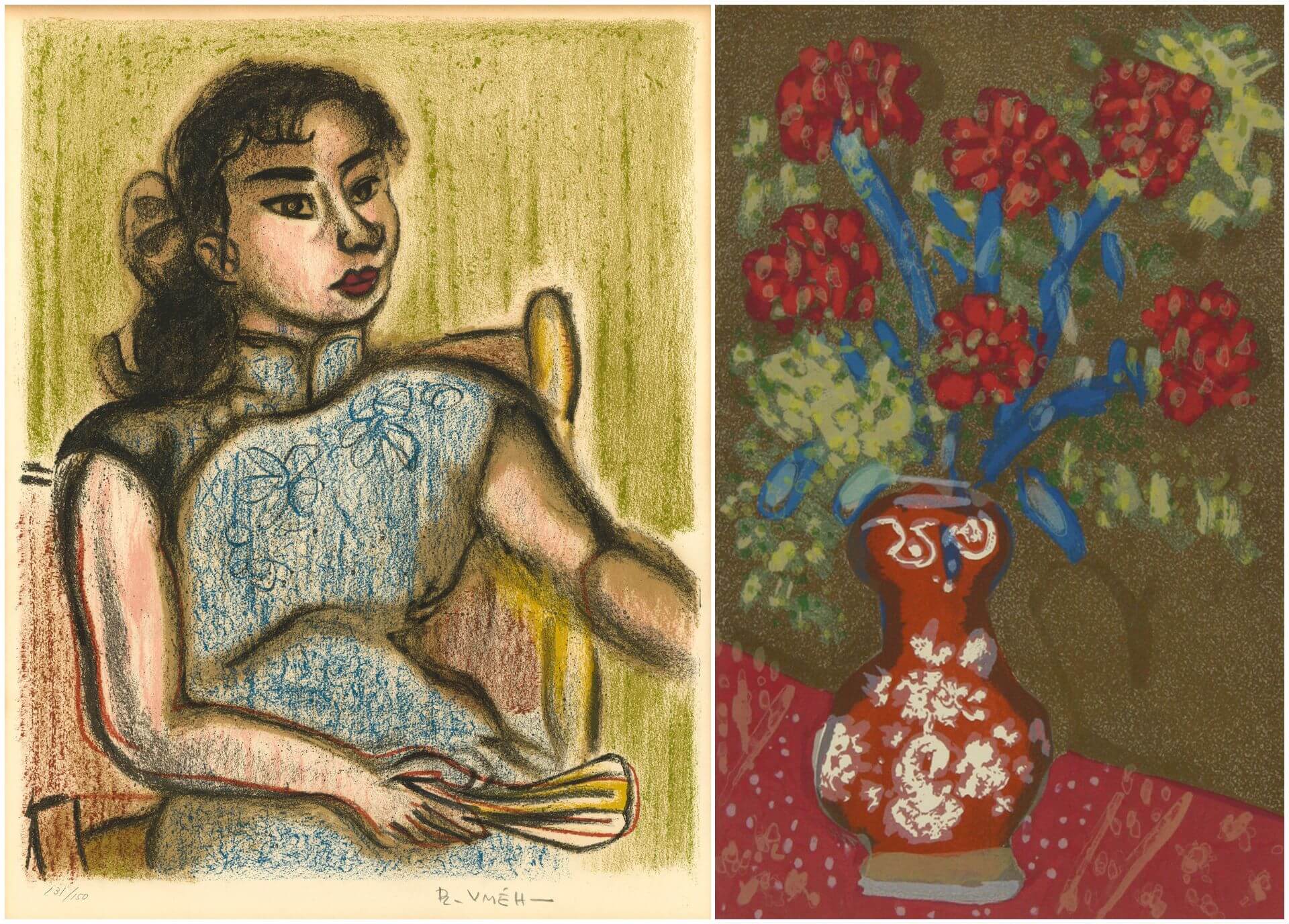 左圖：梅原龍三郎《穿中國服的女人》，年代不詳，版畫紙本，63×48公分，私人收藏。（李梅樹紀念館提供）右圖：梅原龍三郎《瓶花》，年代不詳，版畫，45×28公分，國立臺灣美術館藏。（李梅樹紀念館提供）