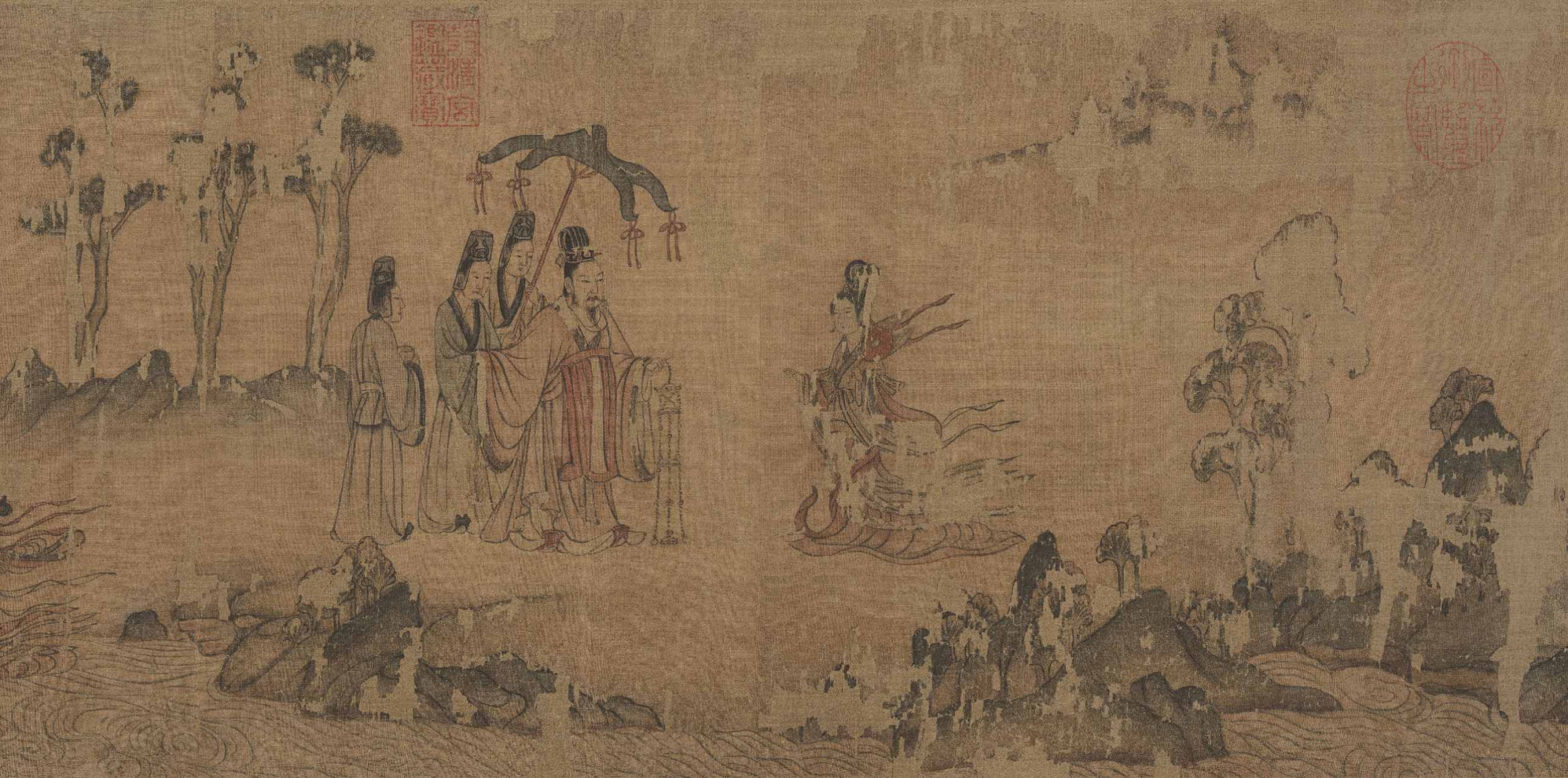 東晉 顧愷之〈洛神賦圖〉（遼寧本）局部，絹本設色，26×646公分，遼寧省博物館藏。此段是曹植贈送玉佩給洛神的情節。©Public Domain