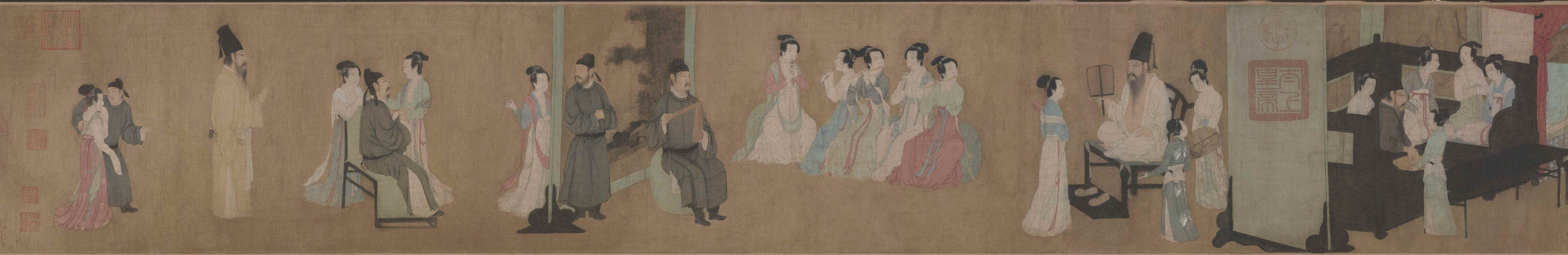 五代 顧閎中〈韓熙載夜宴圖〉，絹本設色，全長為28.7×333.5公分，北京故宮博物院藏。