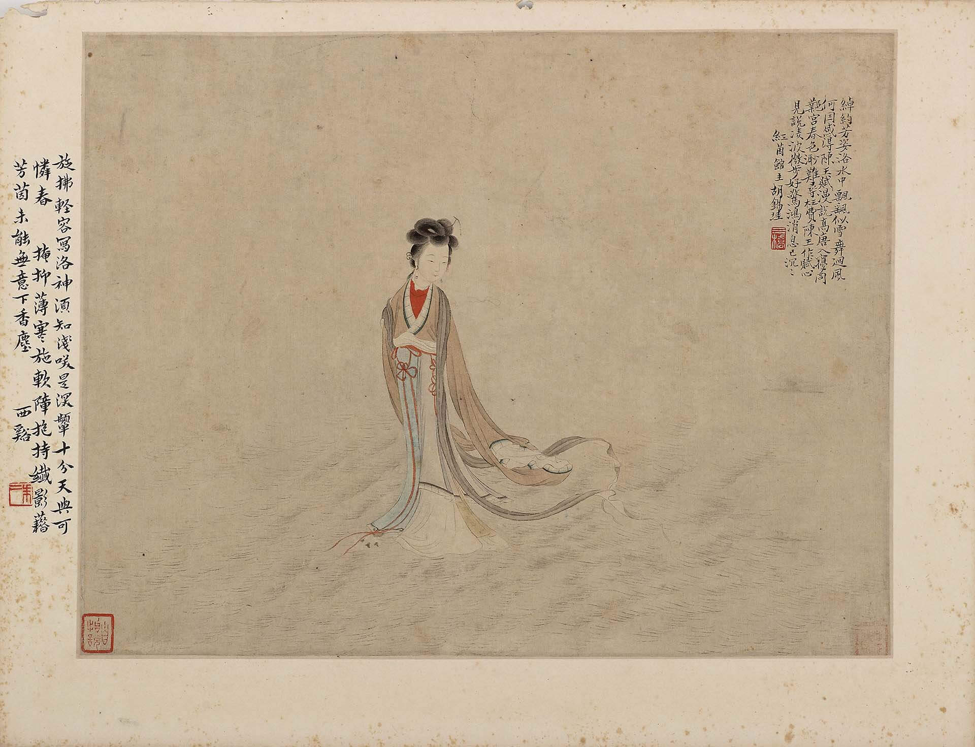 清 胡錫珪1882年作《仕女圖》冊，紙本設色，共十二開，每幅29×39公分，紐約大都會博物館藏。〈洛神賦〉的故事深受歷代畫家喜愛。©Public Domain