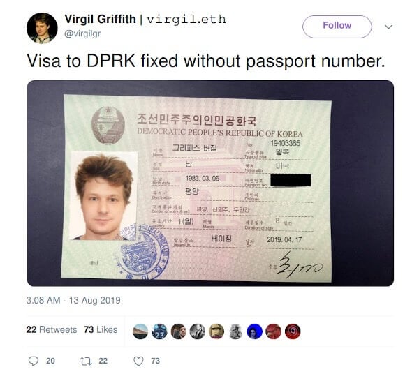 格里菲斯於X發布其入境北韓的許可證（原貼文已消除）。