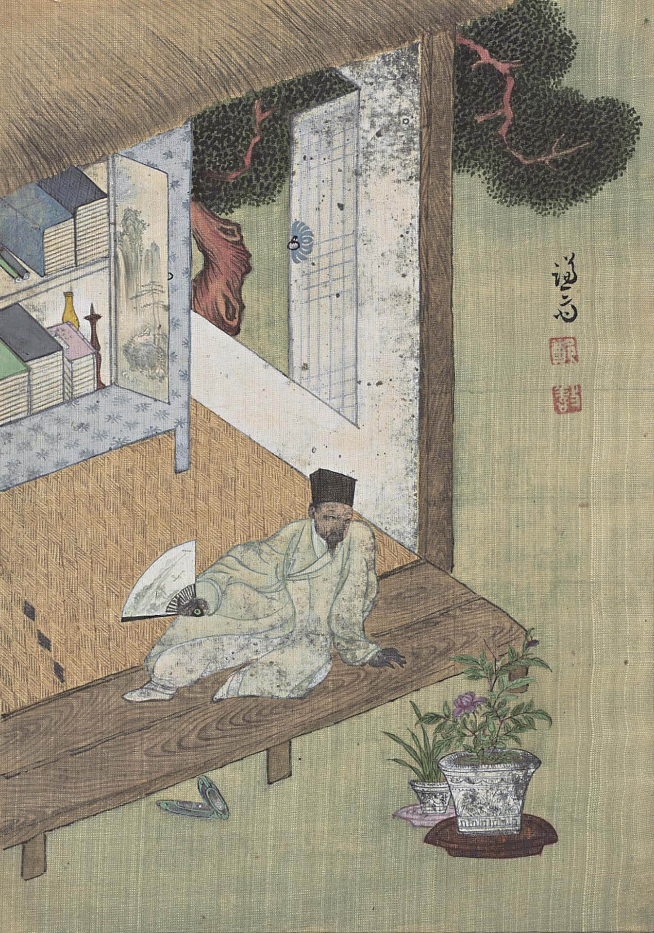 圖10 朝鮮時代 鄭敾1740至1741年作《京郊名勝帖．上卷．讀書餘暇圖》，絹本設色，24×16.8公分，澗松美術文化財團藏，圖／湖巖美術館。