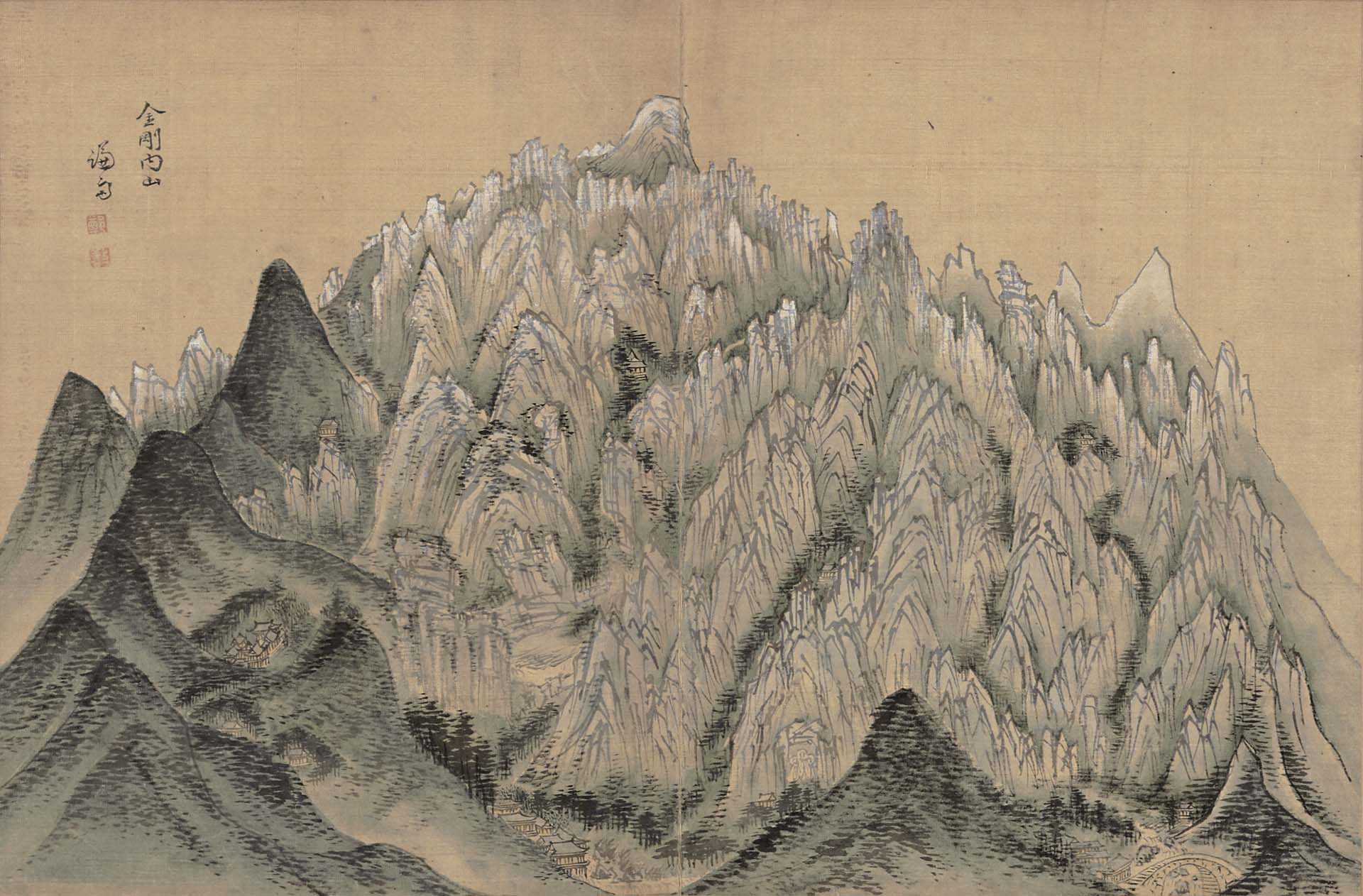 圖5 寶物 朝鮮時代 鄭敾1747年作《海嶽傳神帖．金剛內山》，絹本水墨淡彩，32.6×49.6公分，澗松美術文化財團藏，圖／湖巖美術館。