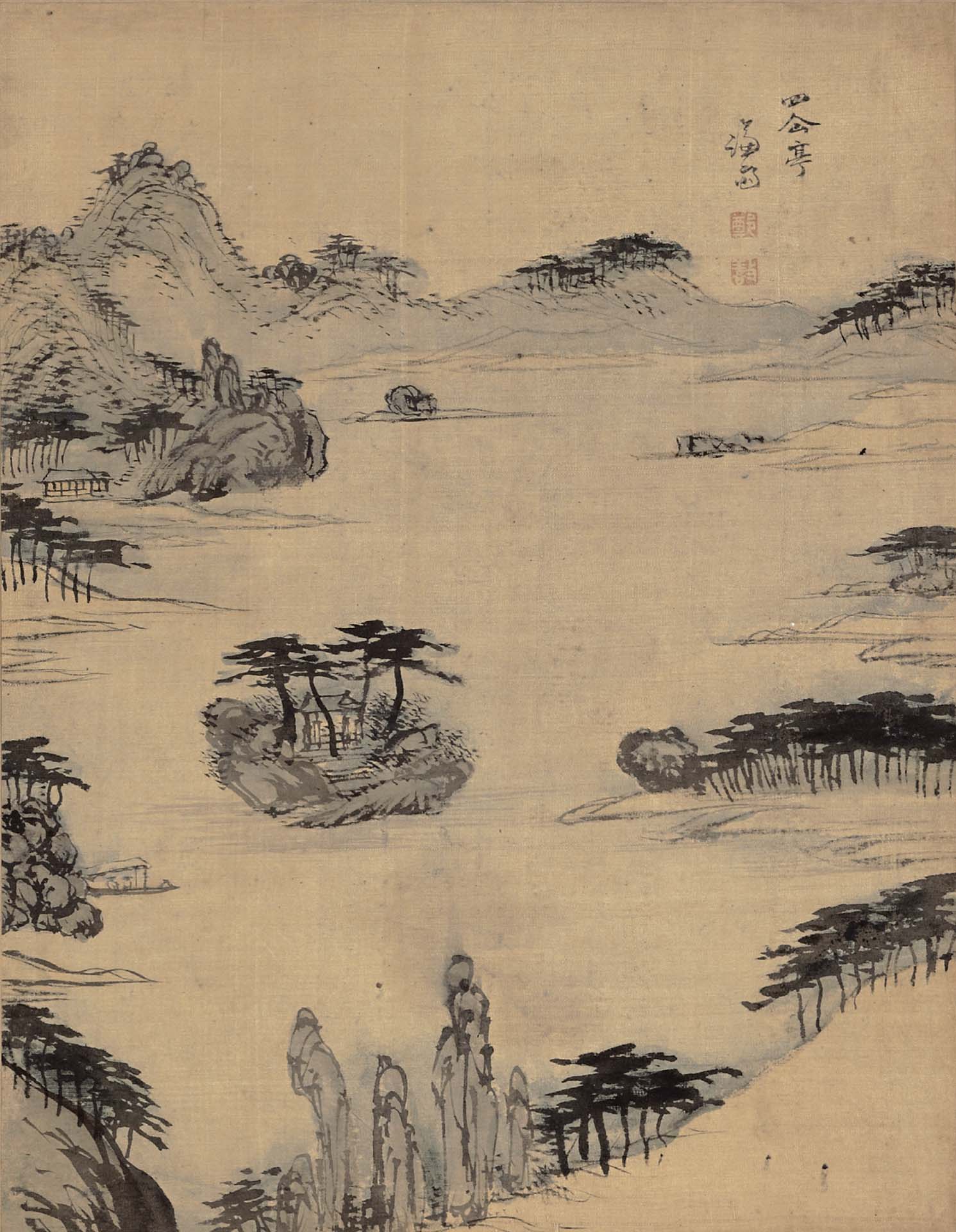 圖6 寶物 朝鮮時代 鄭敾1747年作《海嶽傳神帖．四仙亭》，絹本水墨淡彩，32.5×25.1公分，澗松美術文化財團藏，圖／湖巖美術館。