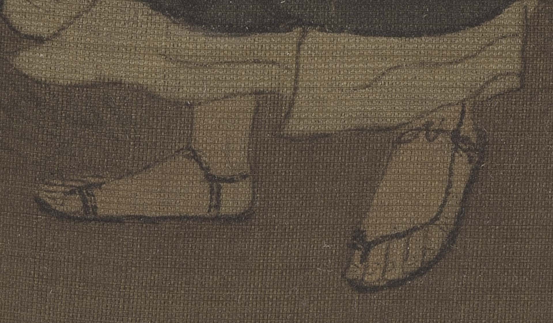 重要古物 宋 許道寧〈松下曳杖〉腳上草鞋的結構清晰，草編粗糙質感亦一一描繪。