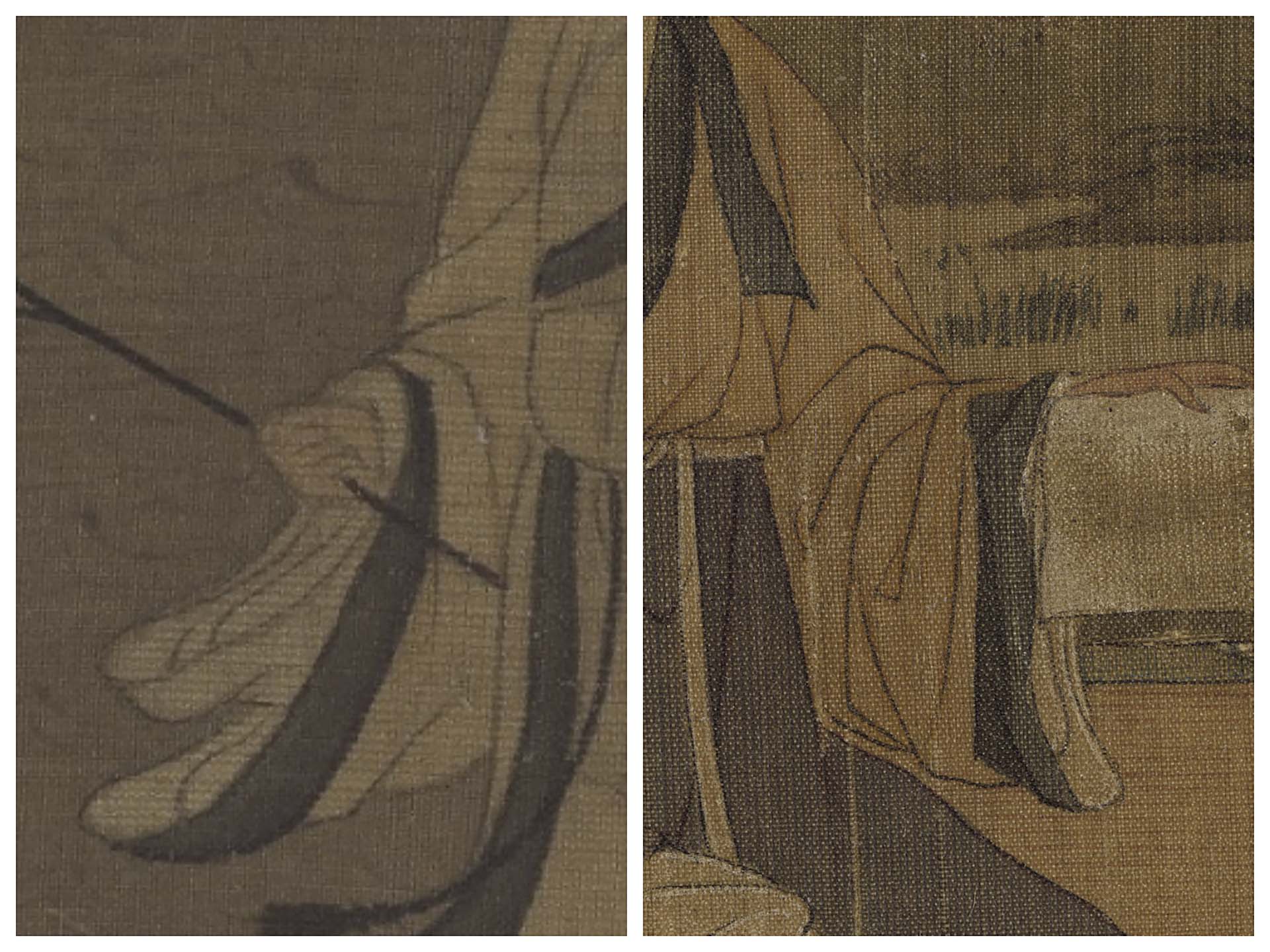 宋 許道寧〈松下曳杖〉與宋〈無款人物〉對線條的觀念一致，粗細緩和，線條出現複筆，且邊緣有暈染。