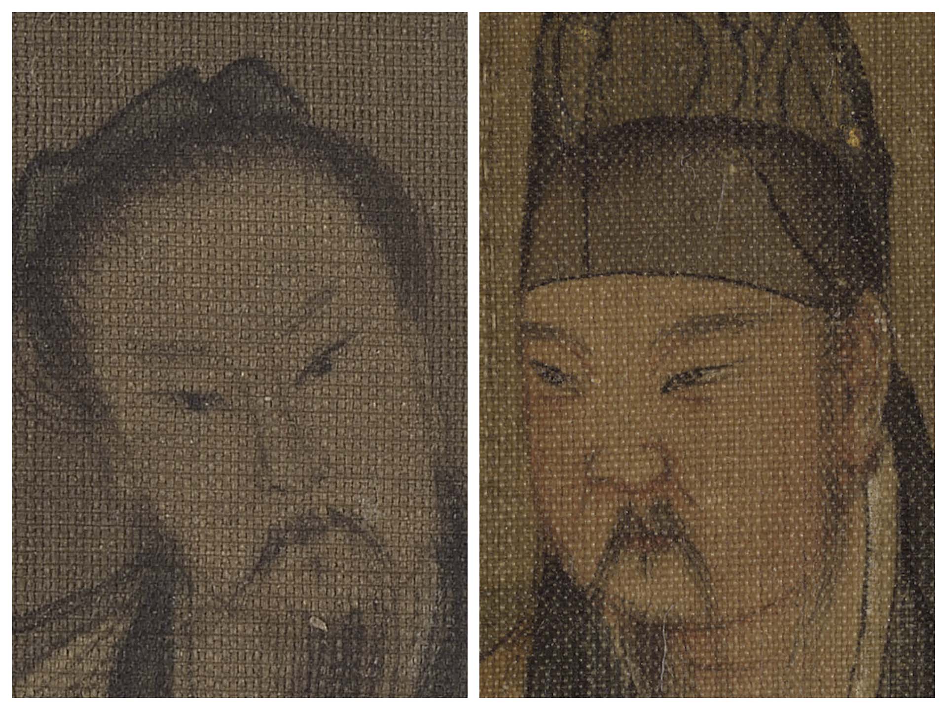宋 許道寧〈松下曳杖〉與宋〈無款人物〉畫中人的臉部處理手法都運用了複筆輪廓線，搭配細緻的暈染效果，突出臉上五官的明確特徵。