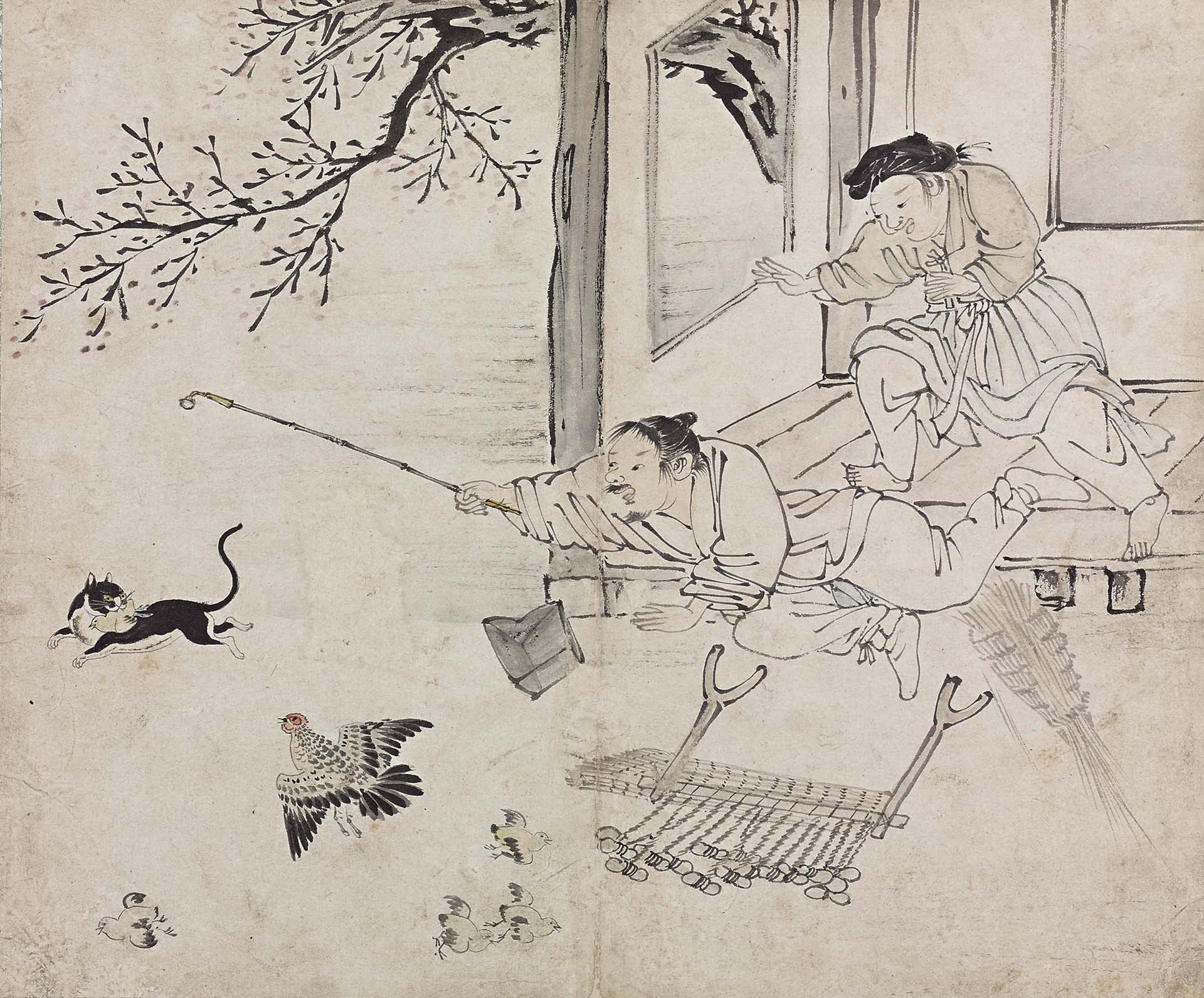 圖12 金得臣18世紀末至19世紀初作《風俗圖畫帖 野貓盜雛》，22.4×27公分，澗松美術館藏。圖引自韓國國家遺產廳網站。