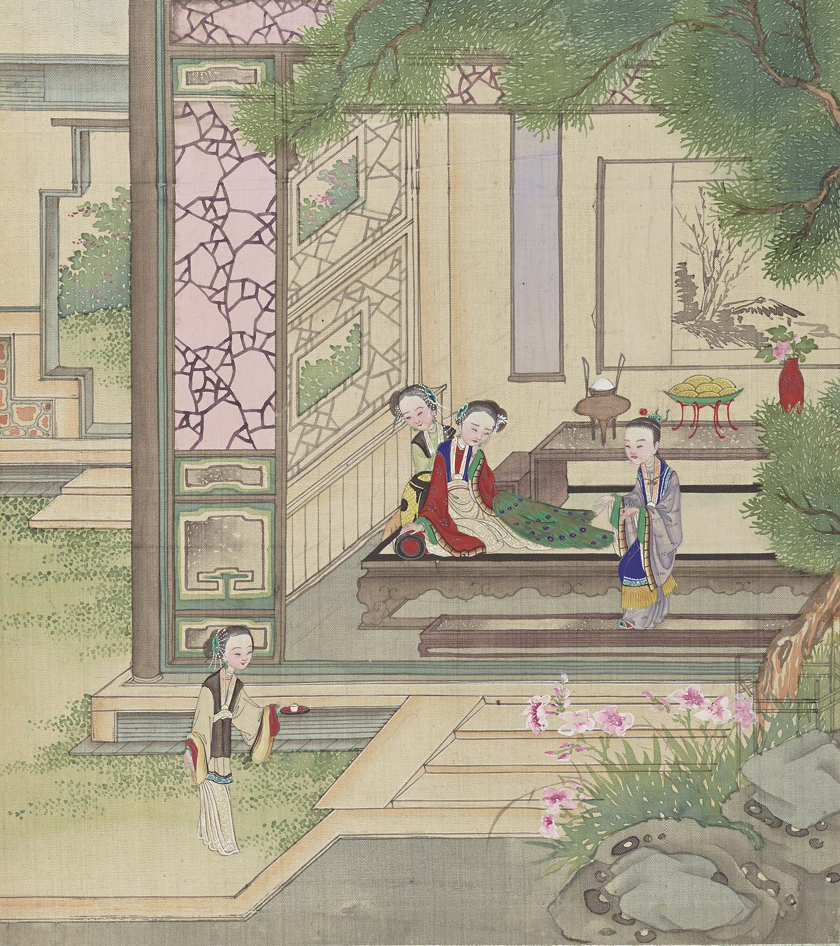 清 沈謙《紅樓夢賦圖冊．晴雯補裘》，34.5×28.5公分，愛爾蘭Chester Beatty Library藏。圖取自Chester Beatty Library Online Collection。