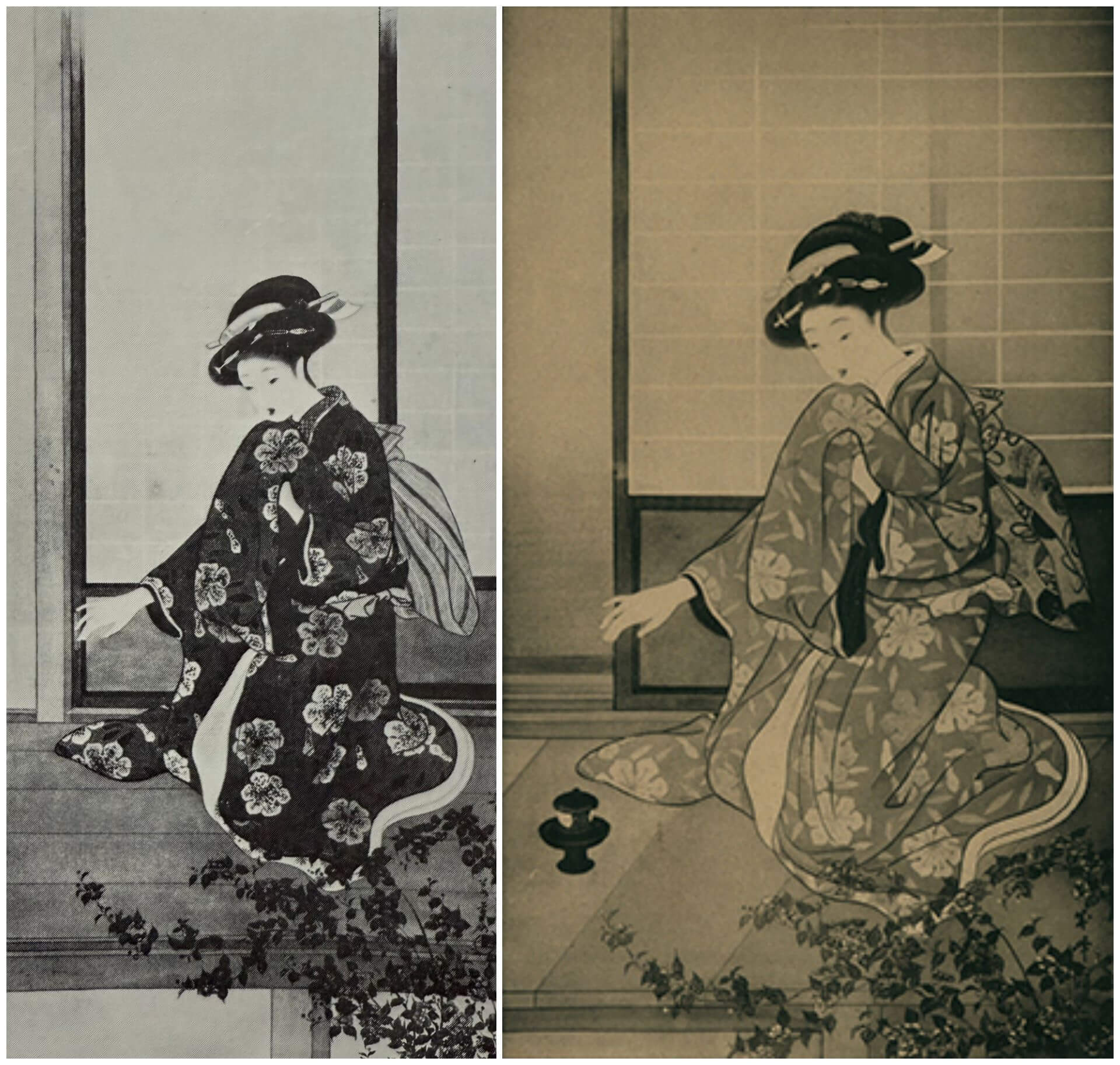 左：歌川若菜，〈良人の室〉黑白照片，原作入選1908年第二回文部省美術展覽會（《日展史》1文展編一，1980）右：貴田成峰，〈ためらひ〉黑白照片，原作入選1935年第九回臺展（名單之後：臺府展史料庫）