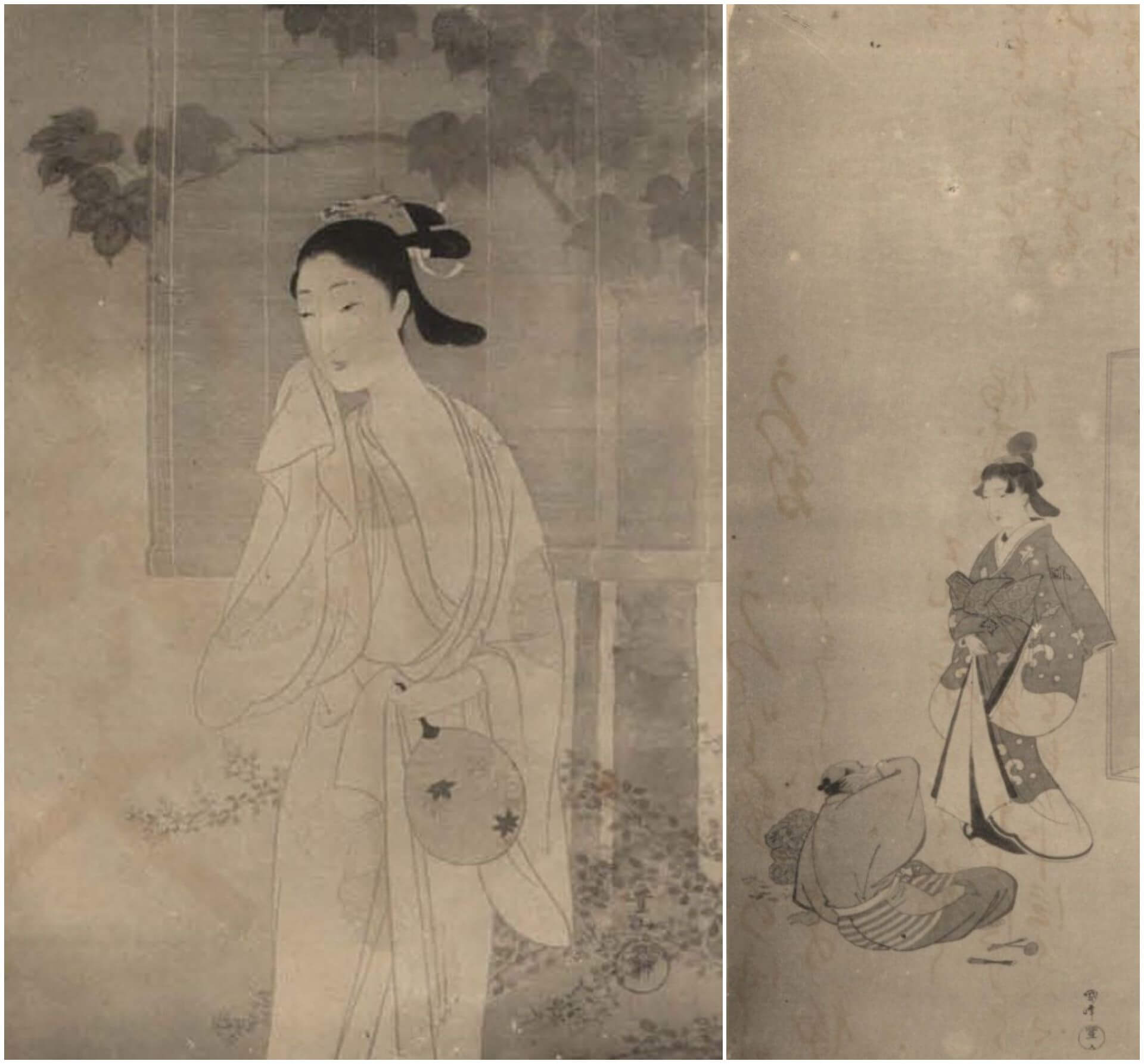 歌川國峰被收錄在《高砂文雅集》的兩件作品，從書中標示來看，這些作品應該是在臺北寓居期間完成的肉筆浮世繪（《高砂文雅集》，1914）