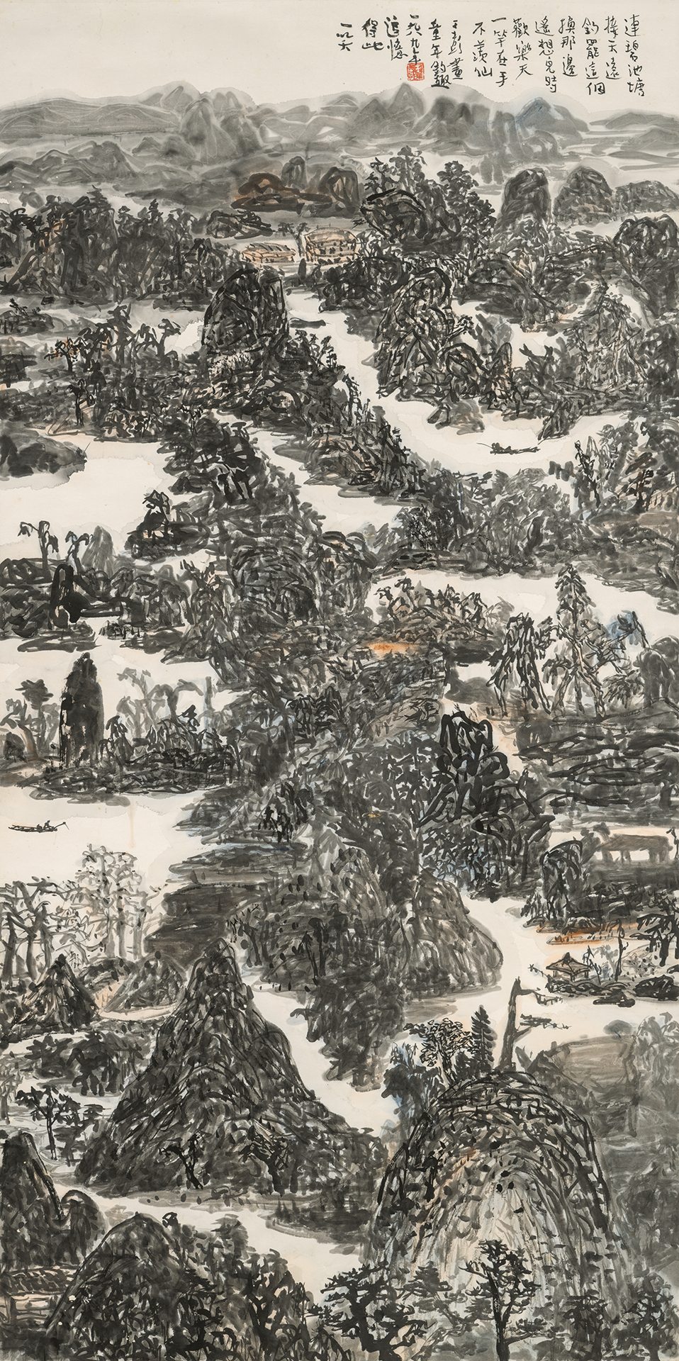 于彭，《童年釣趣》，水墨設色紙本立軸，138 × 69 cm，1989。預估價：7萬至14萬新台幣。（羅芙奧提供）