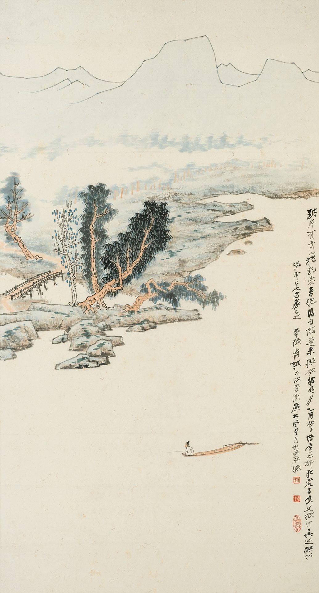 張大千，《泛舟圖》，水墨設色紙本鏡框，98 × 52.8 cm，1945。預估價：180萬至280萬新台幣。（羅芙奧提供）