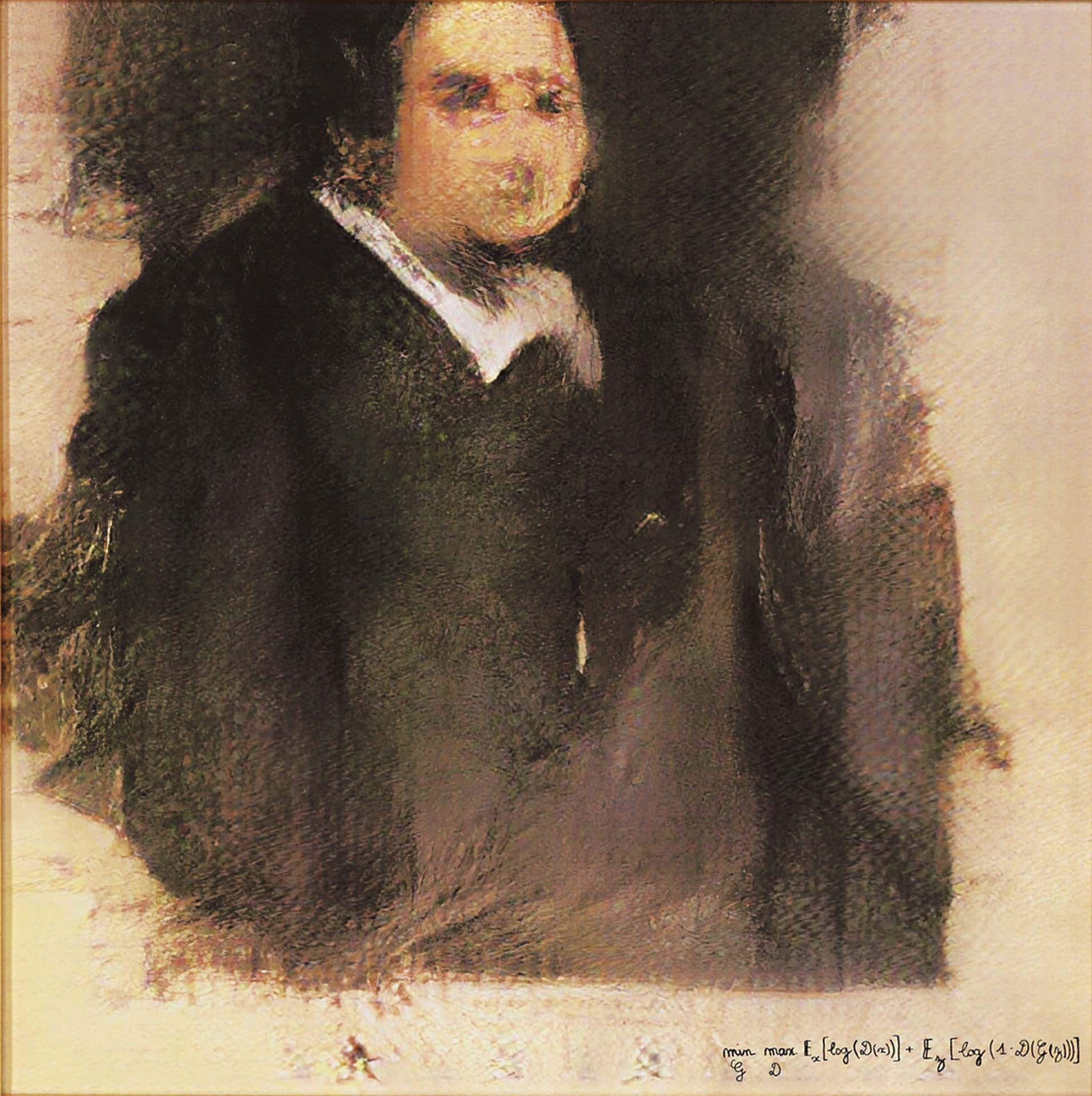2018年，AI創作的《Portrait of Edmond de Belamy》於紐約佳士得拍賣會上以43萬2,500美元成交，成為首件由AI創作且引發國際關注的肖像作品。圖為《Portrait of Edmond de Belamy》。…