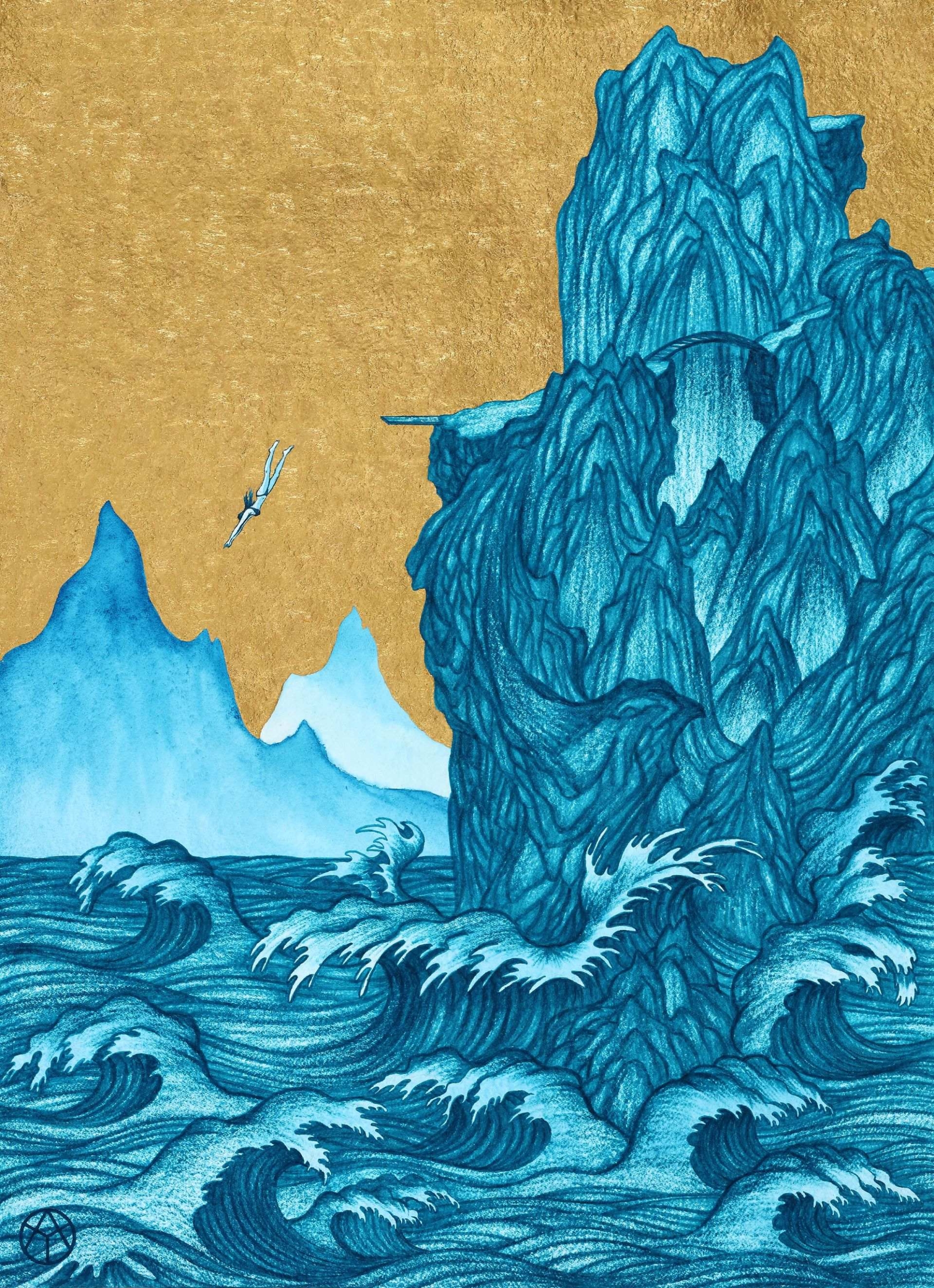 姚瑞中，《自自然然：懸崖跳水》，金箔、藝術筆、印度手工紙，90.7 × 66 cm，2021。（耿畫廊提供）