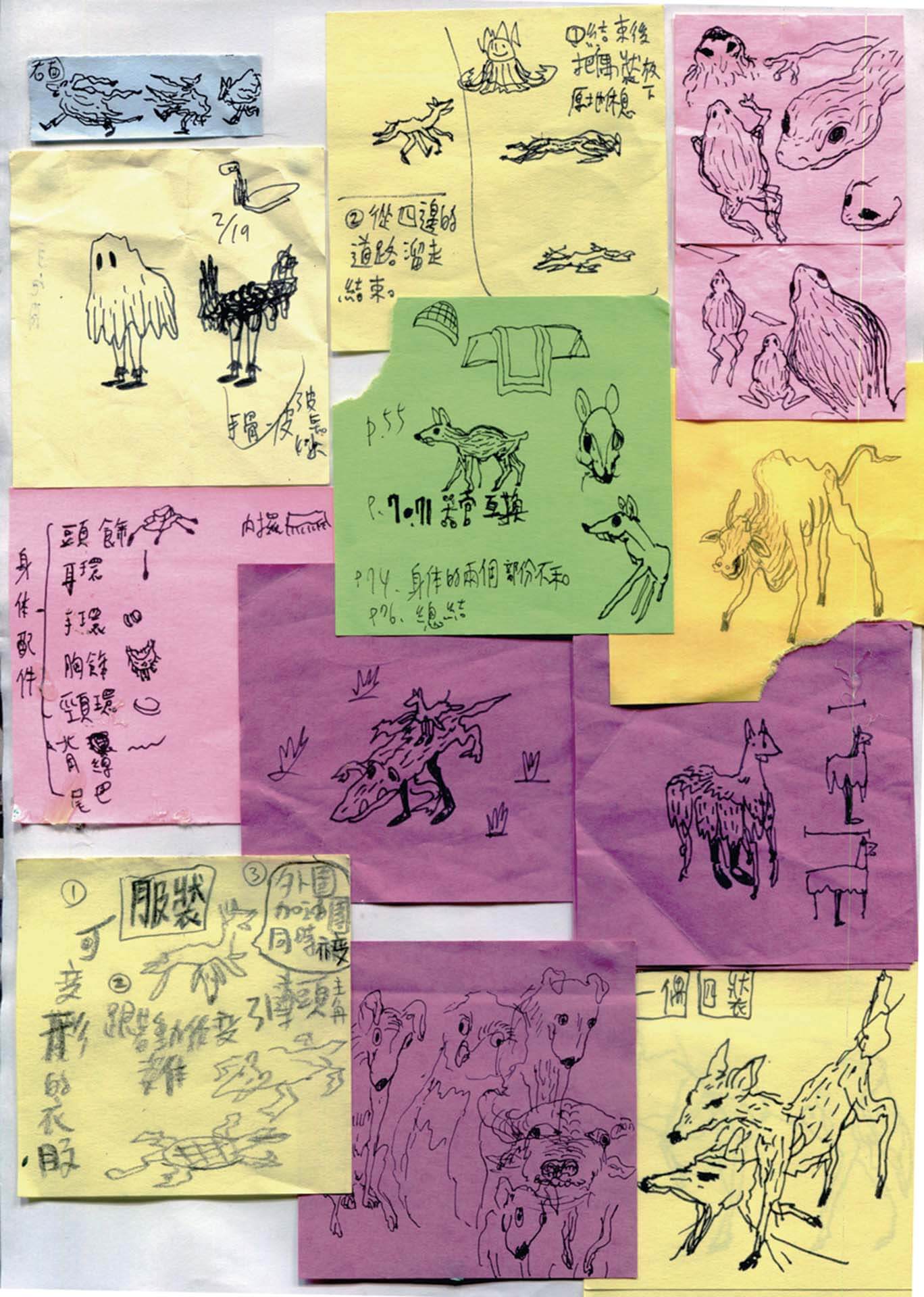 《白蟻餵食秀》繪製在便利貼上創作手稿。（張徐展提供）
