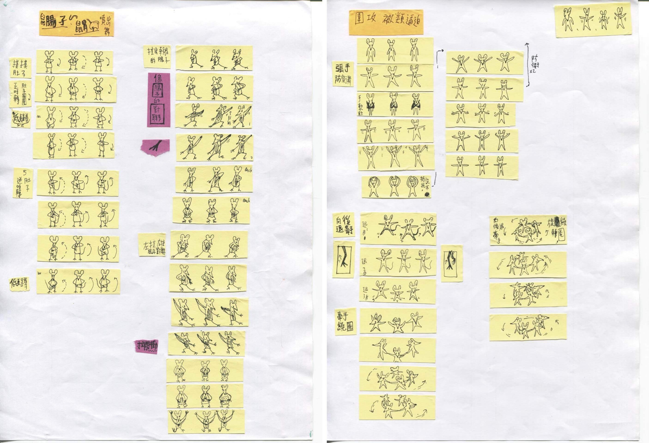 《Si So Mi》中老鼠跳舞的動作，他會先畫在便利貼上，再進行編排移動。（張徐展提供）